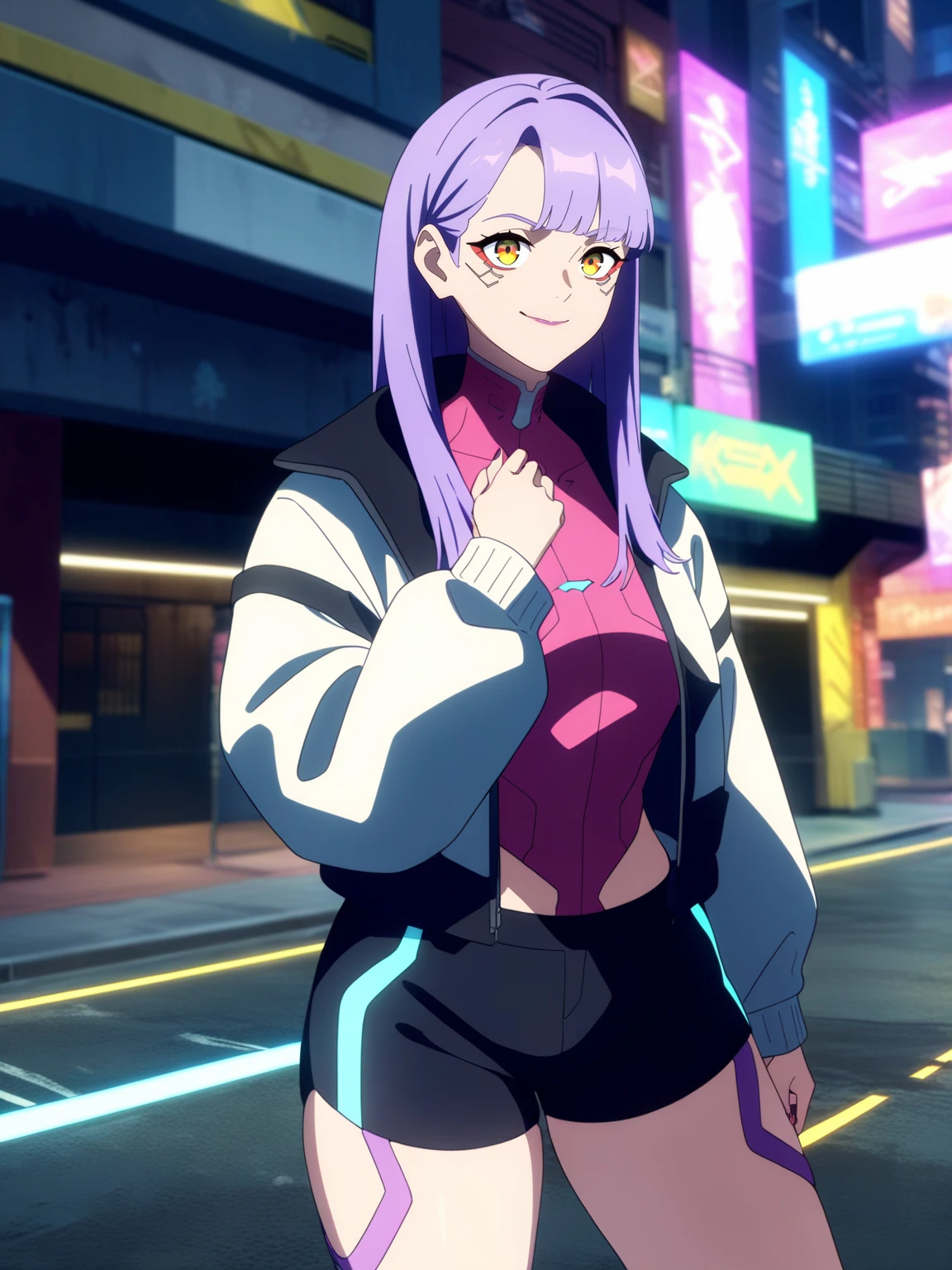 <lora:Cyberpunk_Edgrerunners-DoRA_V1:0.85>
very aesthetic, newest, best quality, masterpiece, absurdres, 1girl, long hair, purple hair, yellow eyes, smile, white jacket, black shorts, cowboy shot, cyberpunk, street, day