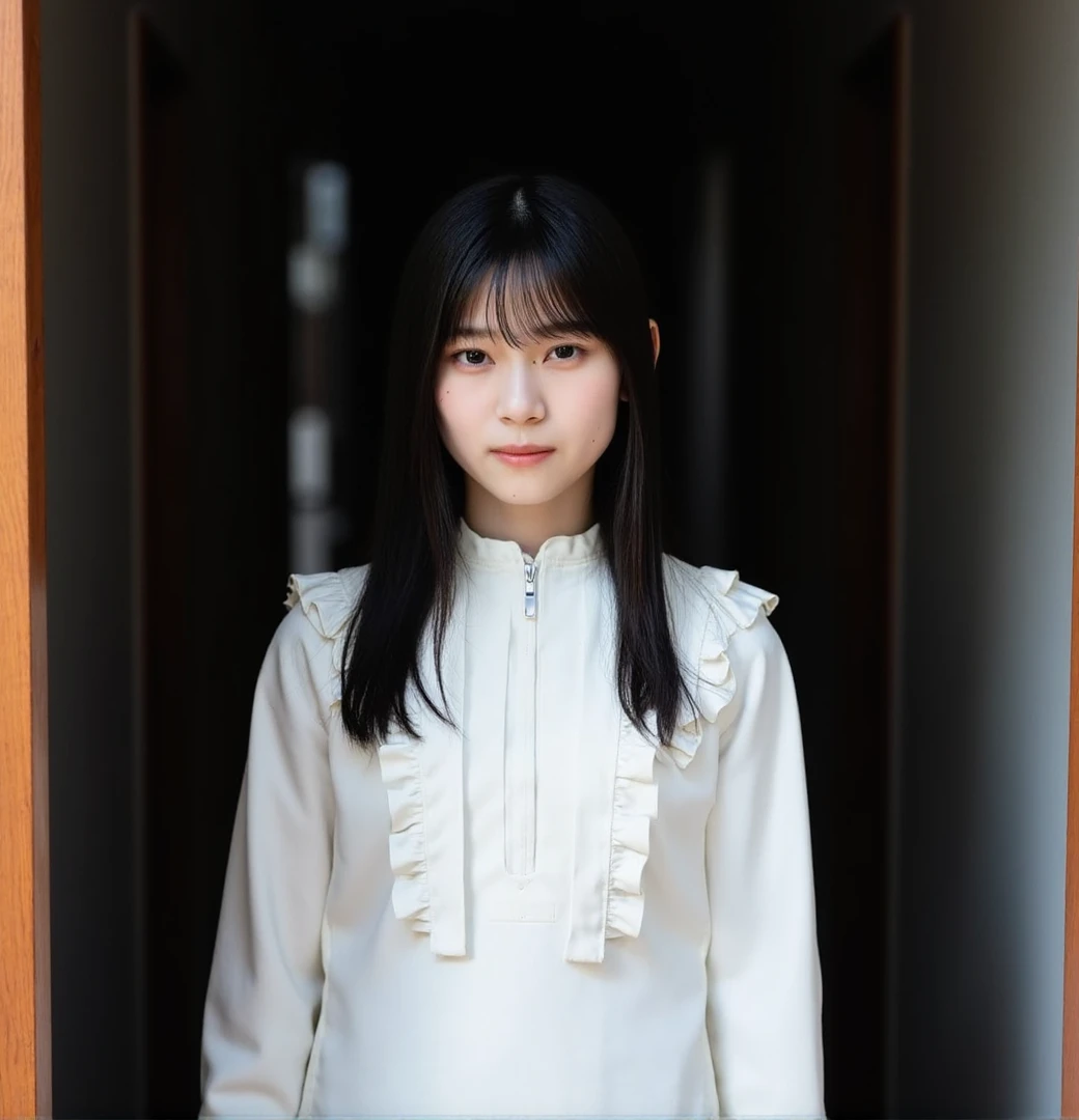 shizuki, The image is a portrait of a young woman standing in a dark room. She is wearing a white blouse with a high neckline and long sleeves. The blouse has a ruffled collar and a zipper down the front. The woman has long black hair with bangs. She has a serious expression on her face and is looking directly at the camera. The background is blurred, but it appears to be a hallway or corridor with a wooden door on the left side. The lighting is soft and natural, creating a moody atmosphere.