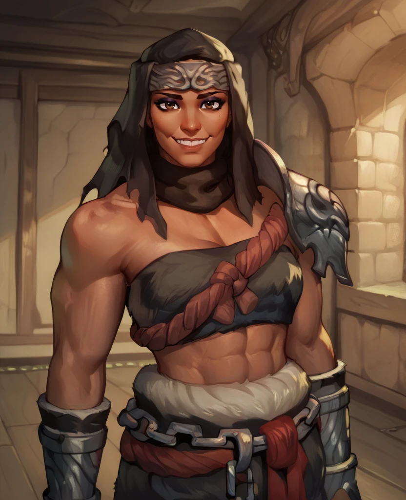 score_9,score_8_up,score_7_up,score_6_up,
nephelixl,black cowl,metal headband,brown eyes,smile,eyeshadow,
shoulder armor,strapless,midriff,bracer,chain,
dungeons,indoors,
solo,
<lora:NepheliXL>,