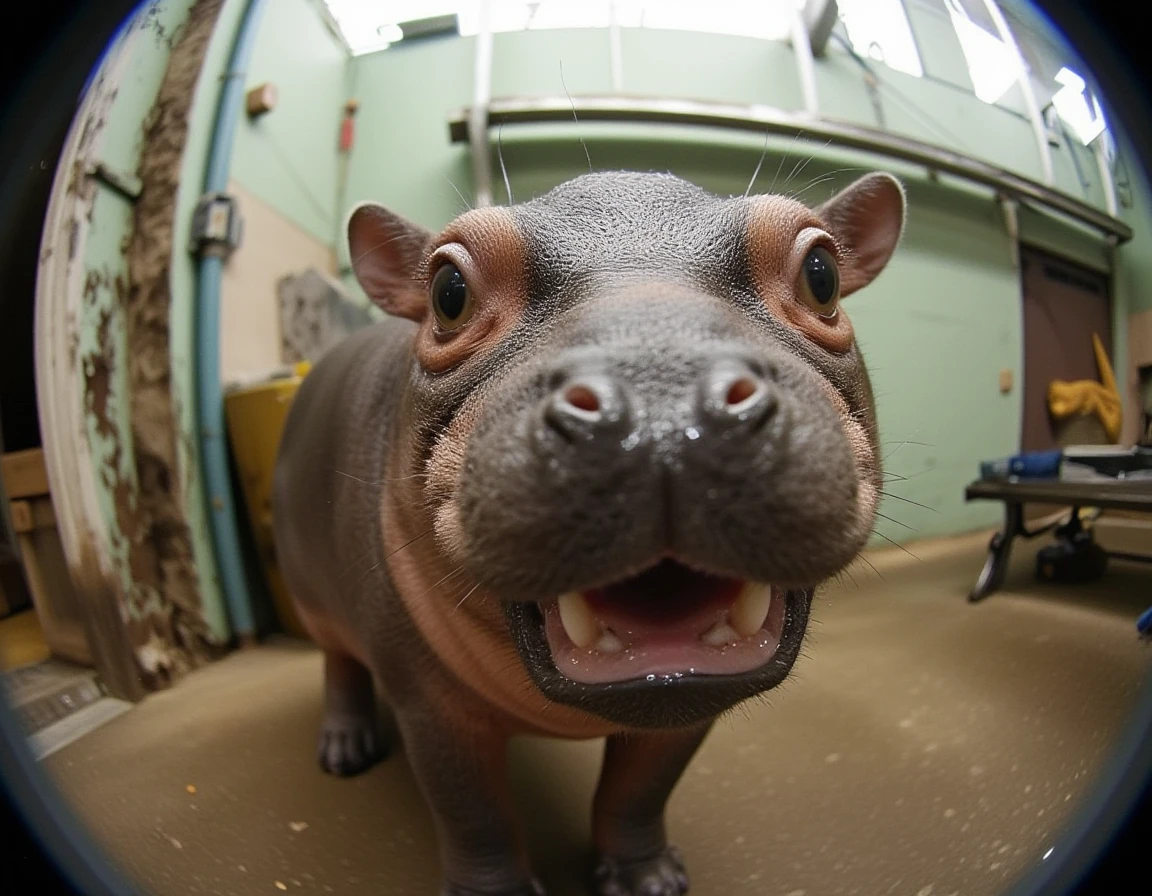 a photo of a happy cute small tiny mini baby hippo at the petting zoo <lora:baby_hippo:1>, <lora:style_of_cat_fisheye_FLUX_323:1> style of cat fisheye