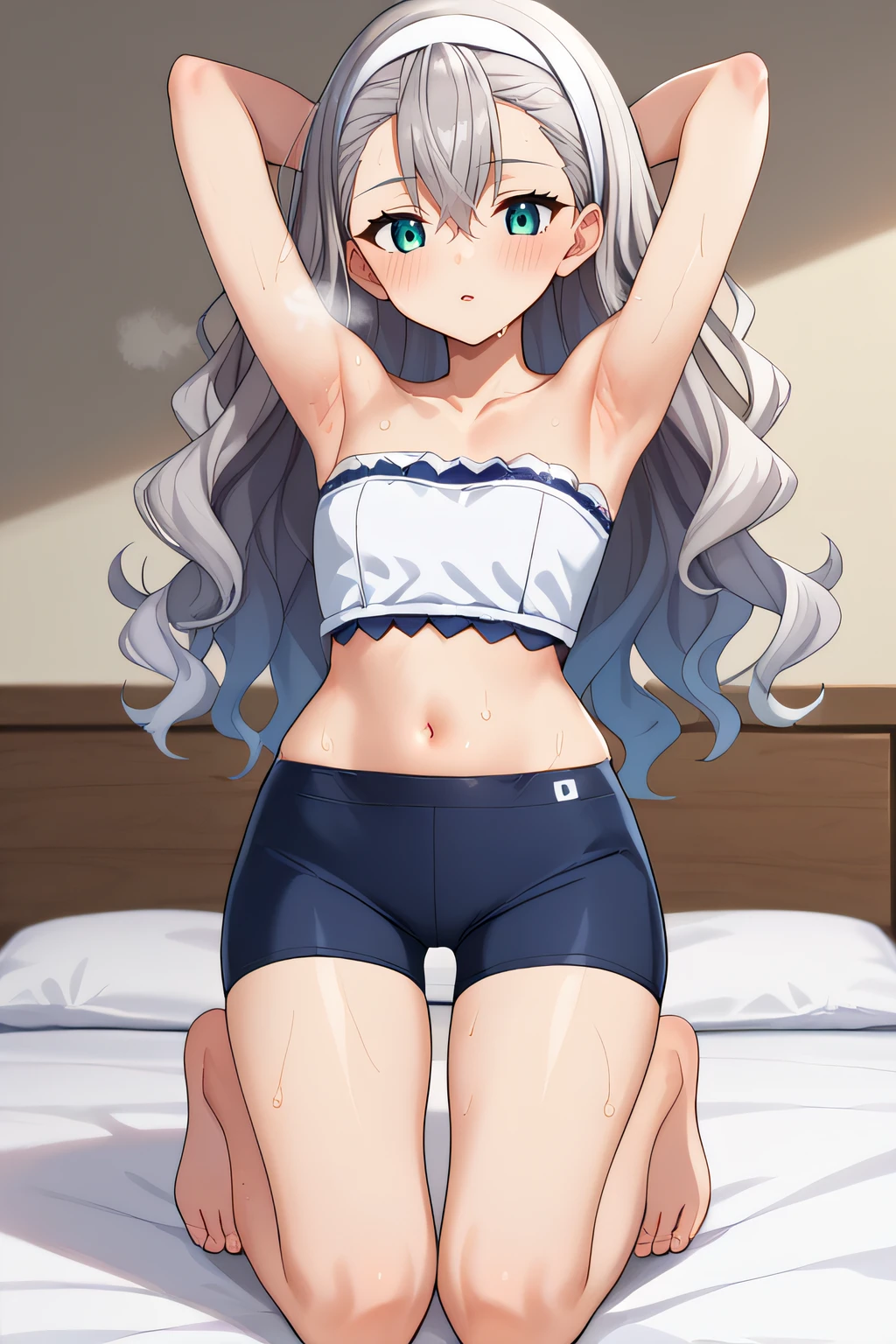 score_9, score_8_up, score_7_up, source_anime, rating_safe, intricate details, anime screencap, official style, 1girl, <lora:Karina:1>, karina, long hair, grey hair, wavy hair, hair between eyes, white hairband, white tube top, sleeveless, blue kerchief, navel, black bike shorts, strapless, looking down, indoor, collarbone, parted lips, blush, sweaty body, breath, kneeling, barefeet, on bed, hands behind head, armpits