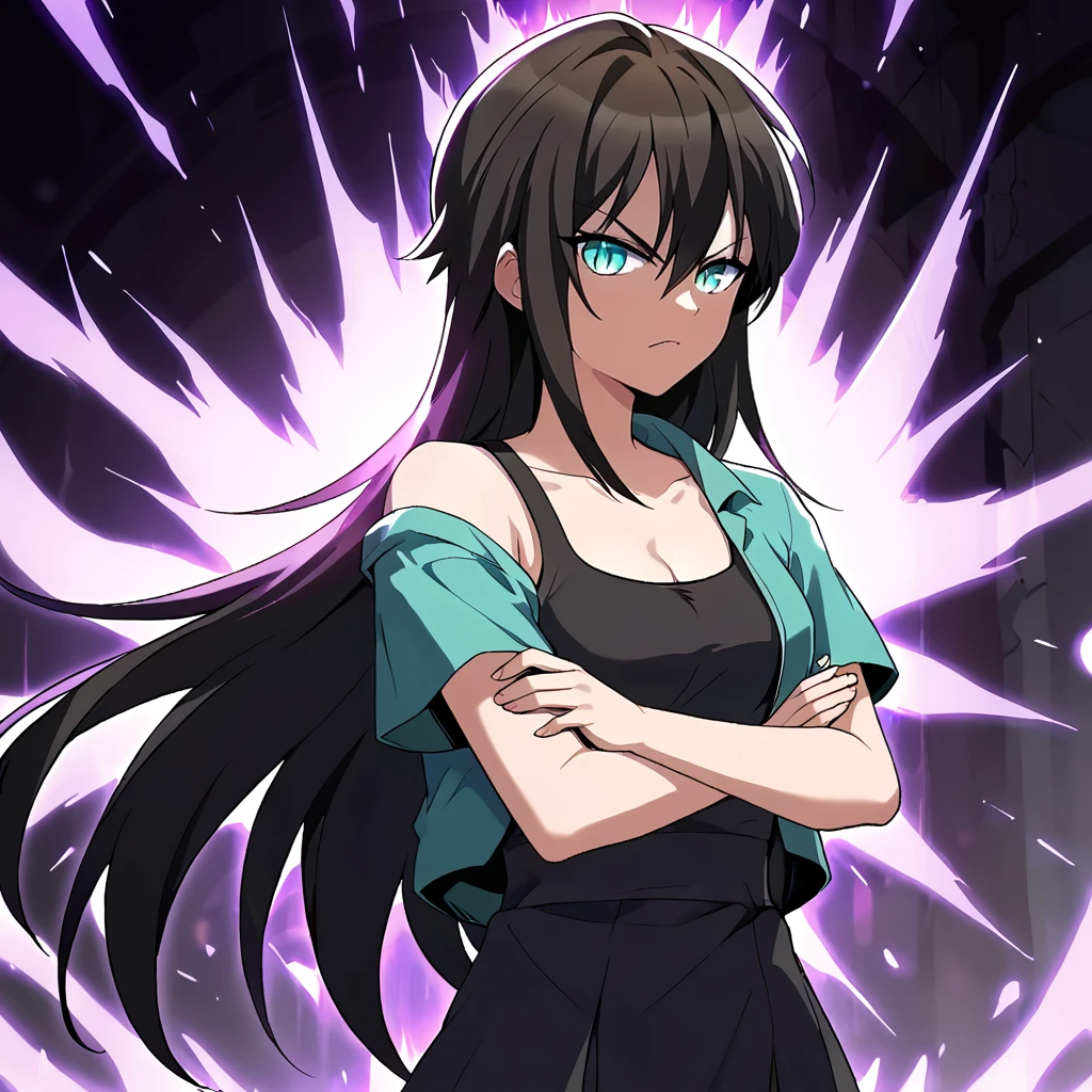 1girl, solo, rurin, long hair, black hair, aqua eyes, slit pupils, hair between eyes, bangs,  collarbone, small breasts, cleavage, bare shoulders, dress, green jacket, open shirt, short sleeves, black dress, black tank top, looking at viewer, crossed arms, glaring, aura, glowing, purple aura, 
score_9, score_8_up, score_7_up, masterpiece,
 <lora:Rurin_r1:0.8>