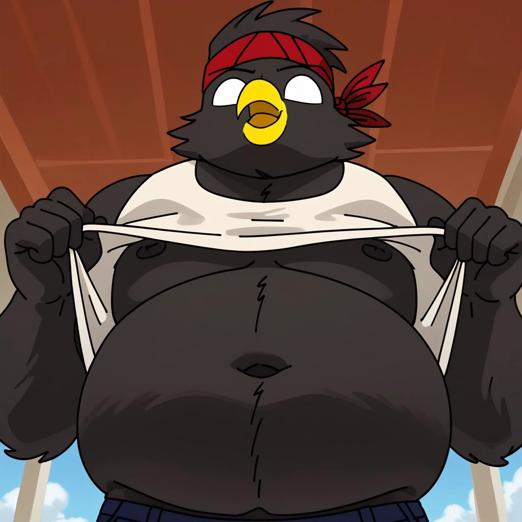 male, solo, white eyes, tongue, robust, yellow beak, orange feet, no pupils, Anthropomorphic bird, big belly, lifting White Tank Top, shirt lift, Red Bandana on Head, Blue Tight Pants, fat, 4k, masterpiece, best quality, highly detailed, detail background, cartoon background, beach background, chubby male, upper body, low angle, half open eyes, seductive expression, bottomless, G-string, lifting shirt, shirt lift, belly exposed, nude, closed mouth, round belly, big belly, close up,