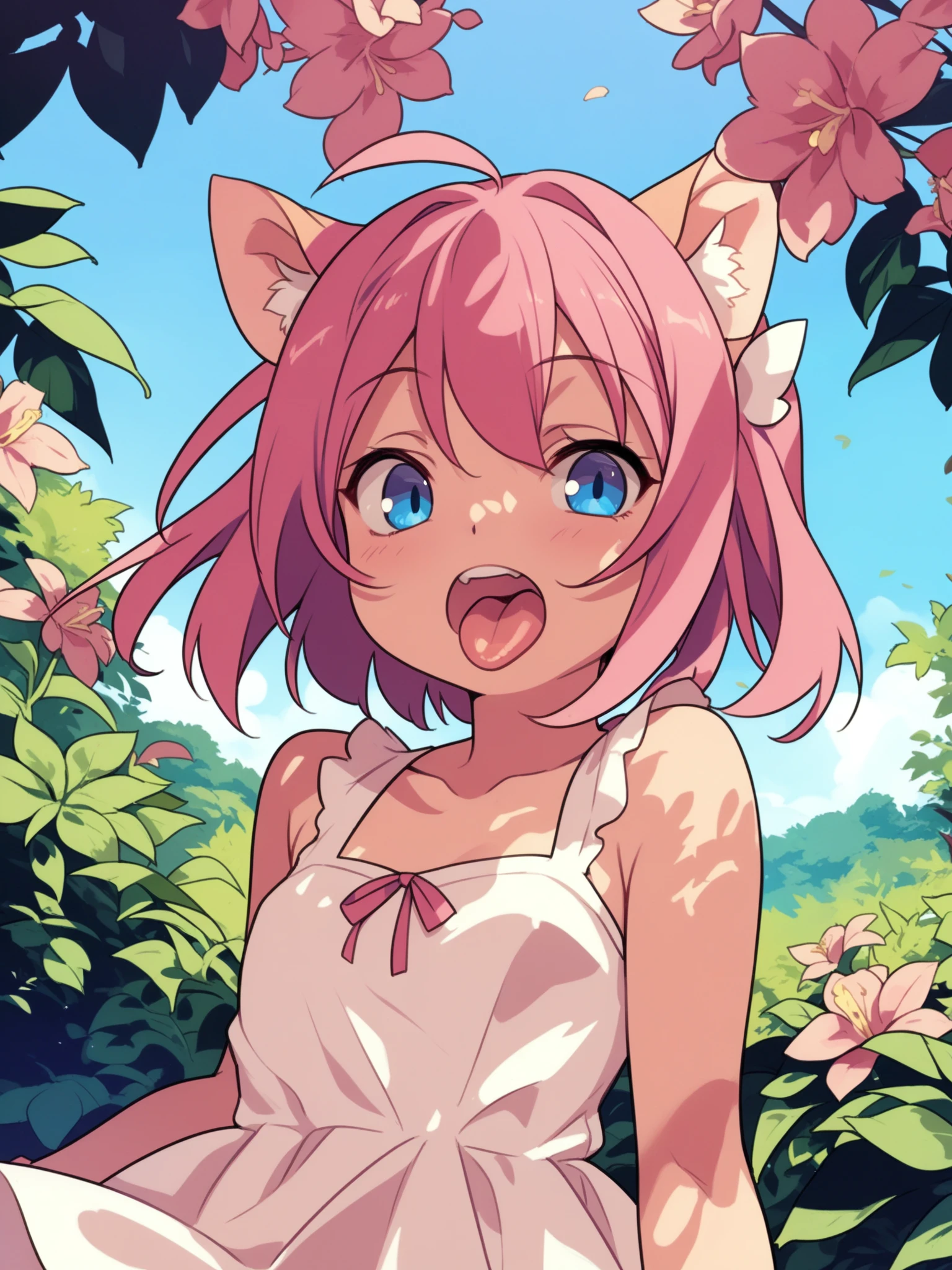 <lora:happy_tentacle-necomimi-v0.2-000028:1>, ht_necomimi, pink hair, animal ears, sundress, outdoors , 1girl, solo, portrait , jitome , (tongue out, open mouth :1.1), , looking at viewer , , facing viewer , score_9, score_8_up, score_7_up, score_6_up, score_5_up, score_4_up