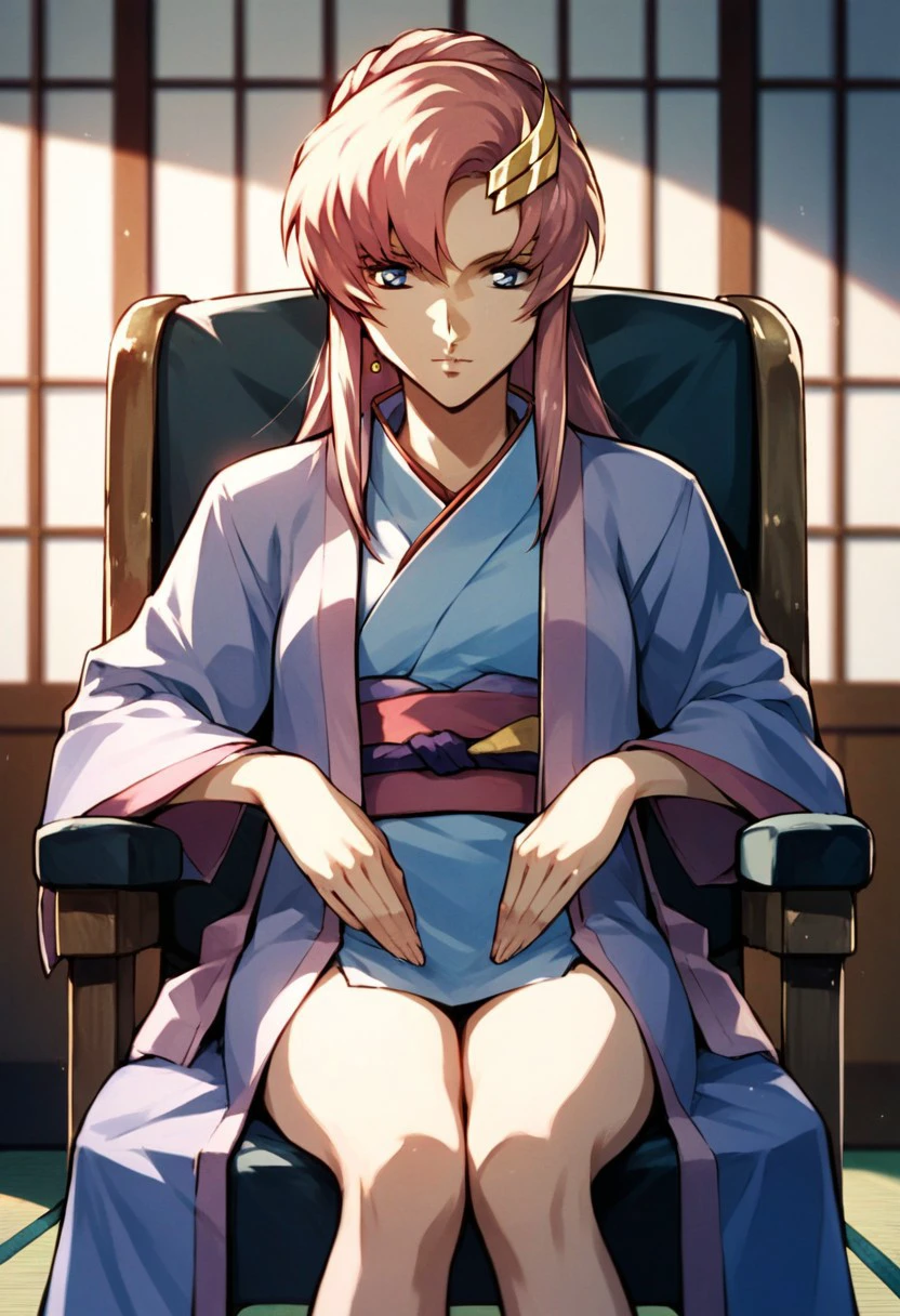 score_9,score_8_up,score_7_up,source_anime, Lacus Clyne,1girl,solo,hair ornament,long sleeves,sitting,japanese clothes,kimono,chair,