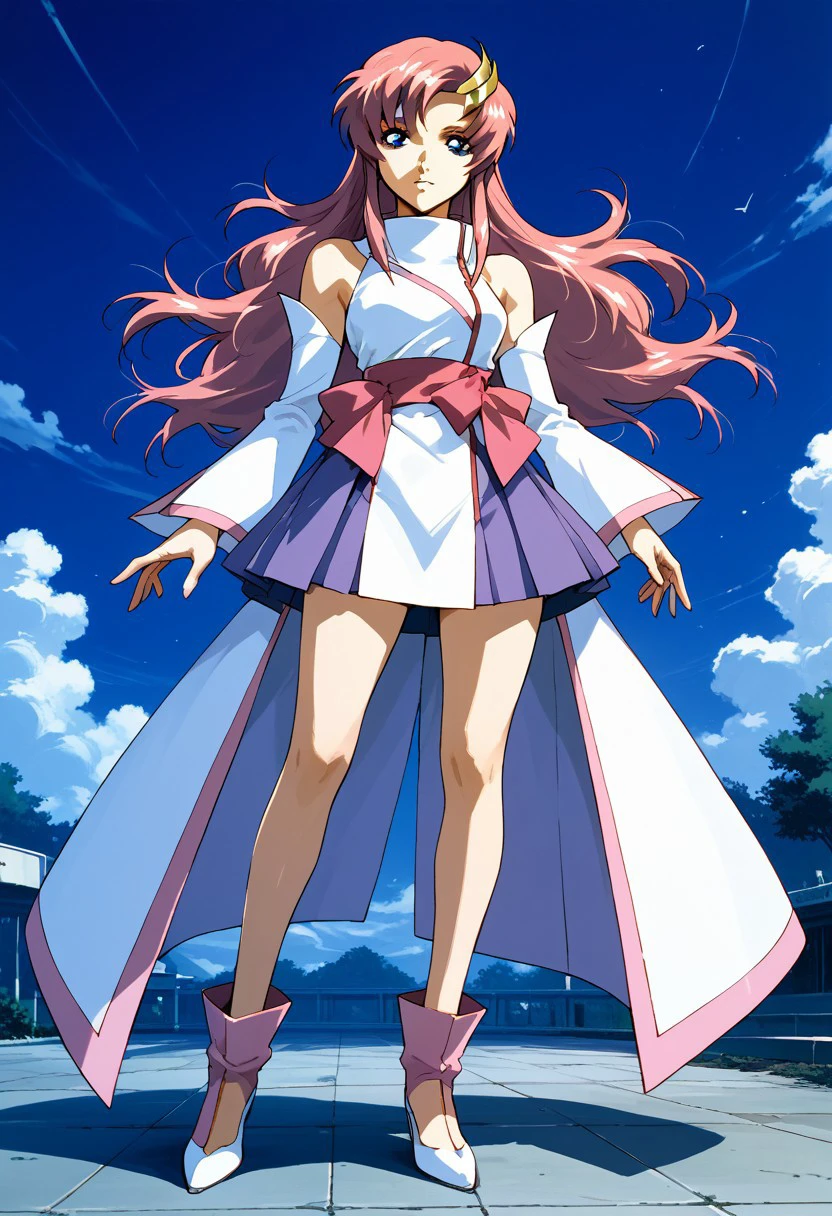 score_9,score_8_up,score_7_up,source_anime,Lacus Clyne,1girl,solo,skirt,hair ornament,bare shoulders,full body,detached sleeves,meer campbell,