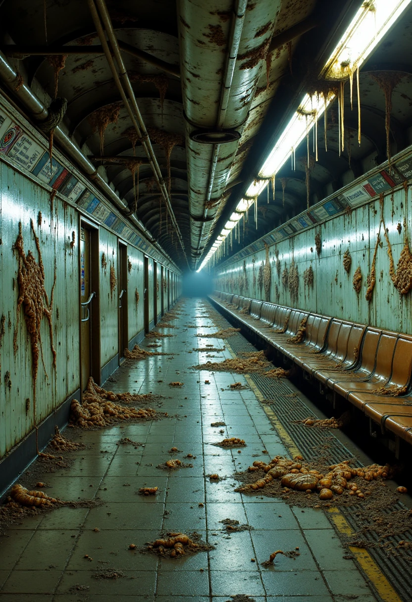 Imagine a photorealistic depiction of a subway platform touched by Nurgle