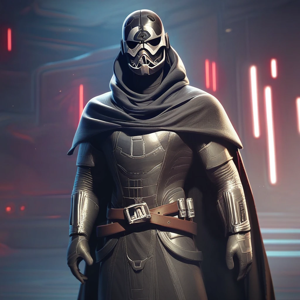 score_9, score_8_up, score_7_up, score_6_up, darthnox, star wars, 1boy, solo, male focus, armor, cape, mask, belt, cloak, hood up, helmet, science fiction