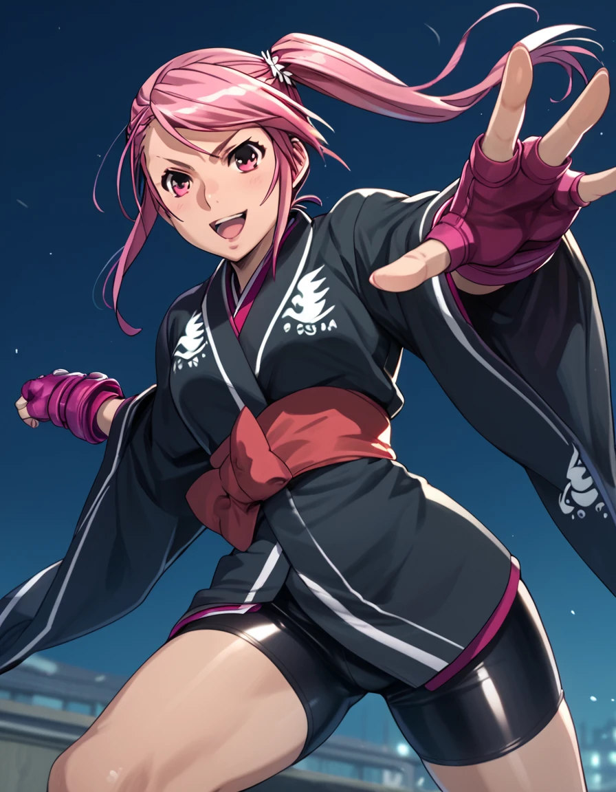 Benitsubasa, long hair, pink hair, pink eyes, fingerless gloves, side ponytail, bike shorts, black kimono, short kimono, score_9, score_8_up, score_7_up, score_6_up, score_5_up, score_4_up, source_anime  ,<lora:SekireiSet1:1>, soft smile, dynamic pose,