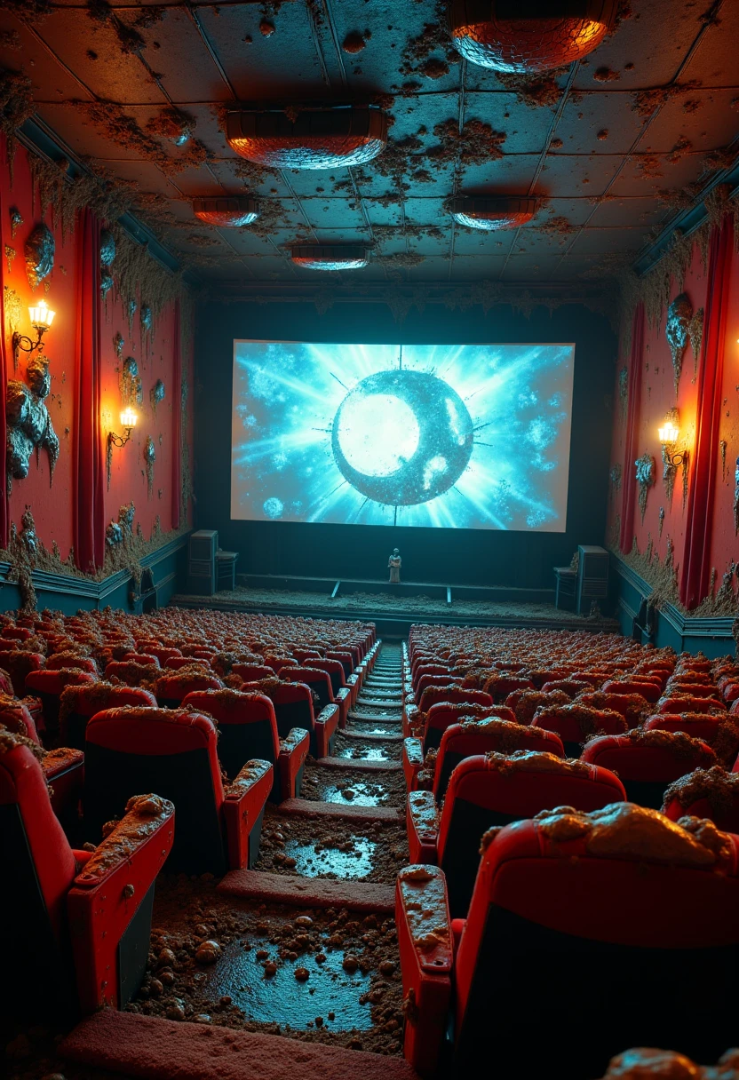 Imagine a photorealistic depiction of a movie theater touched by Nurgle