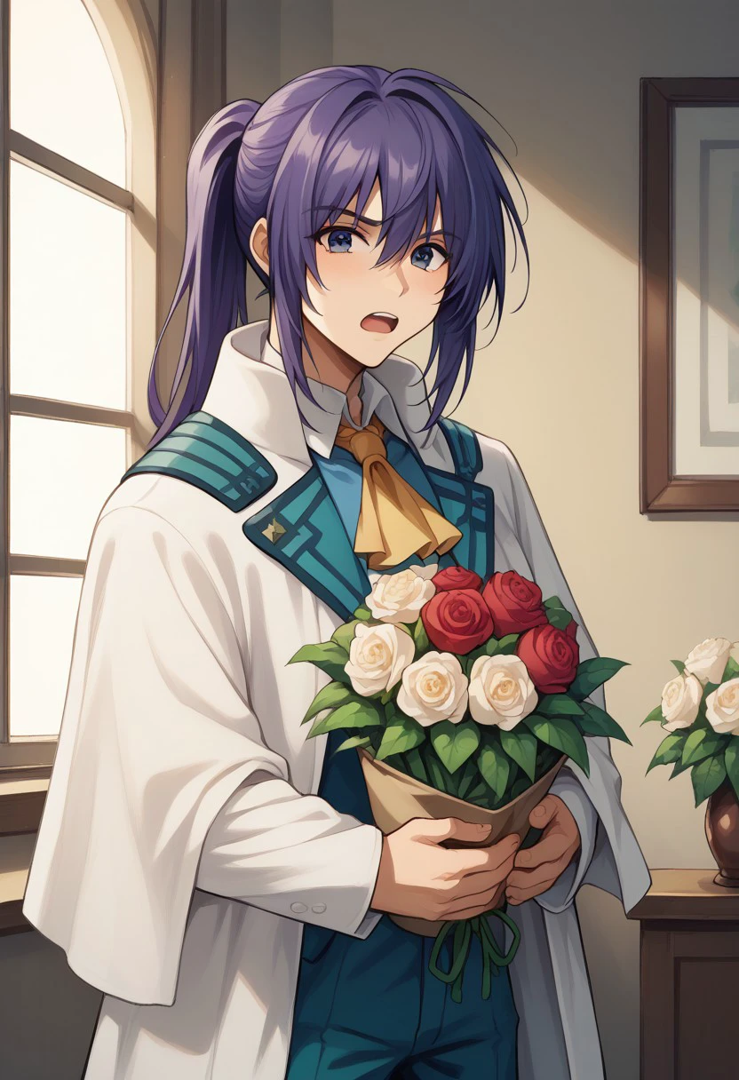 score_9, score_8_up, score_7_up, source_anime, highly detailed, 
keele, solo, 1boy, flower, male focus, ponytail, rose, upper body, long hair, shoes, open mouth, embarassed, purple hair, bouquet, pants, jacket, white jacket, ascot, looking at viewer, facing viewer,
indoor, window,