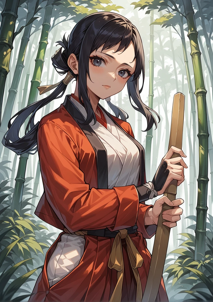 1girl, long hair, black hair, hair rings, japanese clothes, long sleeves, white shirt, red jacket, sash, hakama, gauntlets, outdoors, holding sword, katana, bamboo forest, looking at viewer  <lora:Hibiki_Last_Blade:0.8>, score_9, score_8_up, score_7_up, score_6_up, score_5_up, score_4_up, BREAK source_anime, masterpiece