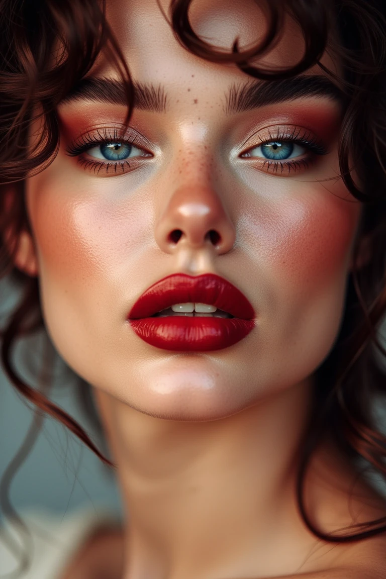 1girl, solo, red lips, blue eyes, lips, makeup, looking at viewer, parted lips, close-up, realistic