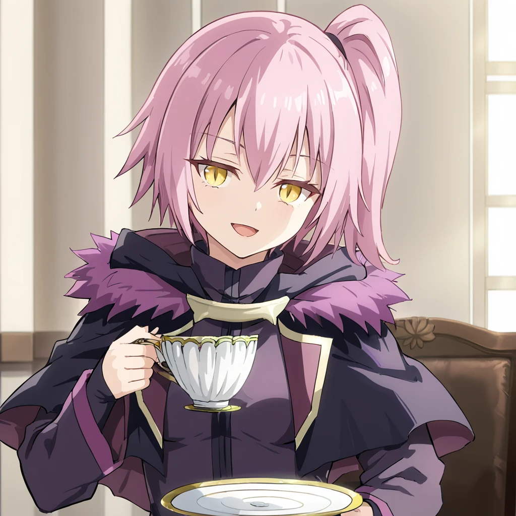 1girl, solo, ultima, slit pupils, pink hair, purple hair, short hair, side ponytail, yellow eyes, bangs, hair between eyes, breasts, small breasts, black jacket, fur trim, purple trim, capelet, long sleeves, hips, head tilt, smug, open mouth, looking at viewer, holding cup, saucer, plate, holding, 
<lora:Ultima:0.8>