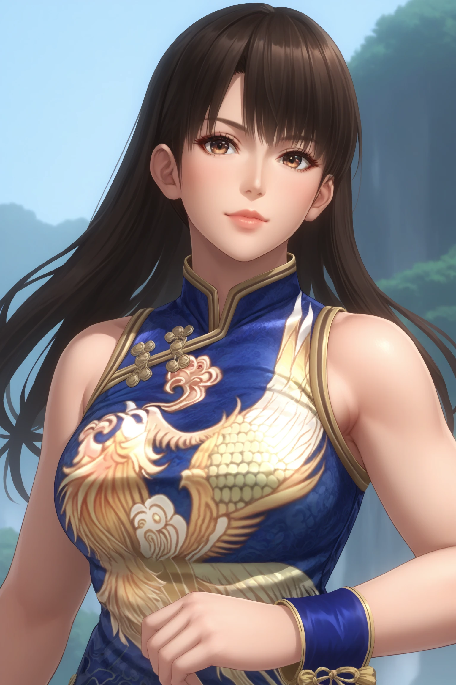 leifang, black hair, long hair, straight hair, brown eyes, leifangblue, chinese clothes, blue dress, china dress, sleeveless, wristband, blue wristband, pelvic curtain, white panties, sandals, <lora:Lei_Fang_Dead_or_Alive:0.7>, score_9, score_8_up, score_7_up, score_6_up, score_5_up, source_anime, rating_safe, medium breasts, outdoors, 1girl, solo, looking at viewer, <lora:age_slider_v4:3>, (upper body:1.2), closed mouth