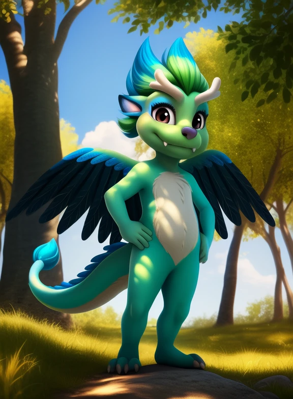 <lora:HeavenBeastSeaElvDom:1> HeavenBeastSeaElv, dragon, wings, red eyes, white belly, fangs, purple nose, green skin, chibi, small body, tassel tail, blue eye makeup,
Looks at the viewer, [  solo, (nature), forest, day, clouds, waterfall,] ((Hands on hips, standing,))
(beautiful, aesthetic, perfect, delicate, intricate, saturated colors), masterpiece, digital drawing, best quality,
[by personalami], by smitty g, [[[by Foxovh]]], [[by Ross Tran]]