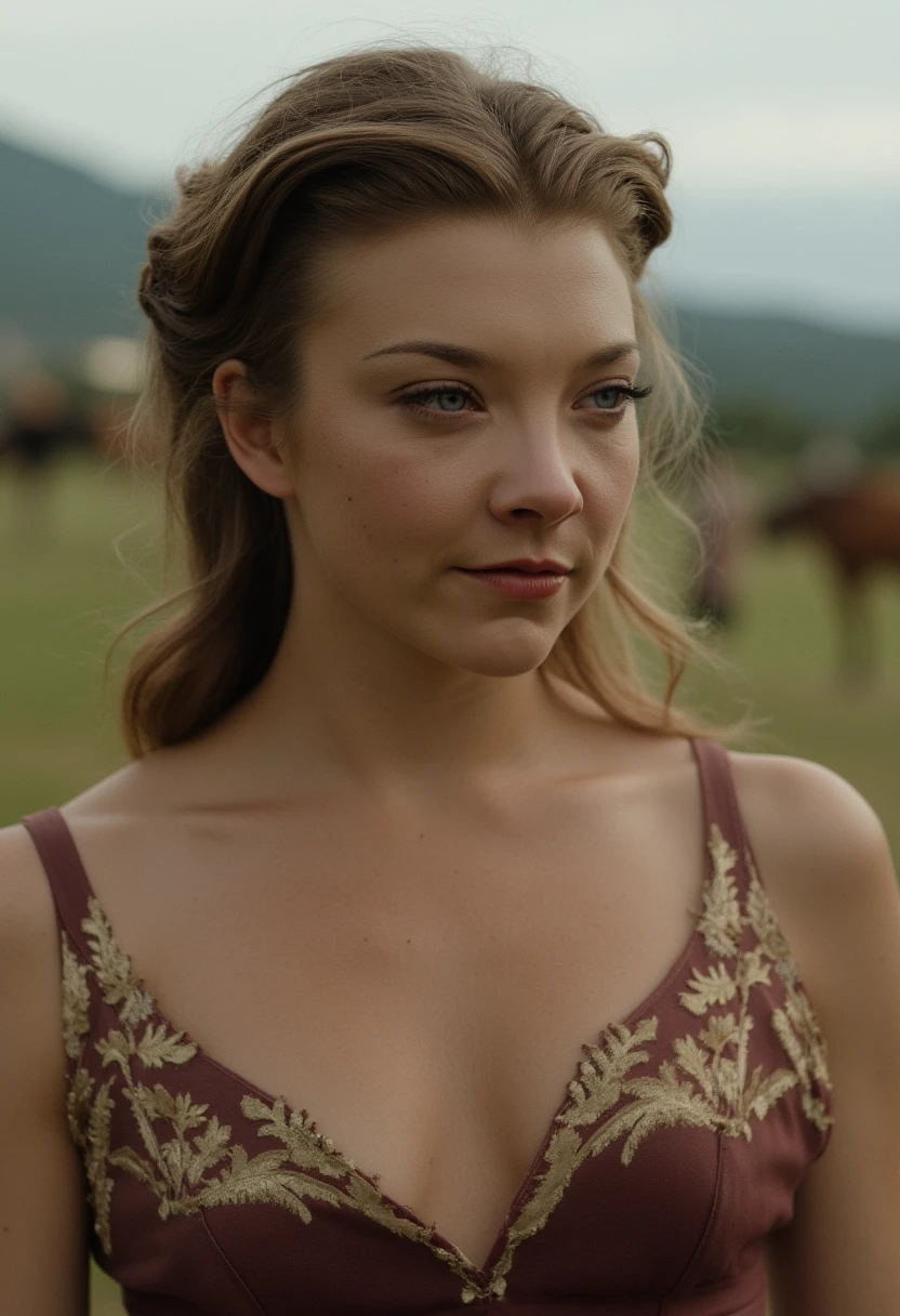 subtle grain, cinematic quality, professional portrait of natalie dormer, dress, makeup, brown hair, fine art photography, film still, movie scene, outdoors, smile,