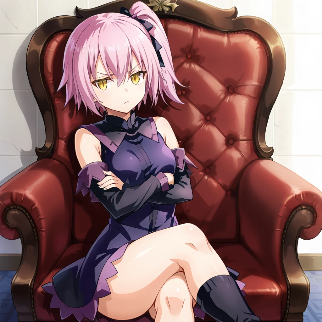 1girl, solo, ultima, slit pupils, pink hair, purple hair, short hair, side ponytail, yellow eyes, bangs, hair between eyes, breasts, small breasts, purple dress, detatched sleeves, hair ribbon, black footwear,  socks, hips, thighs, looking at viewer, crossed arms, crossed legs, pout, 
<lora:Ultima:0.8>