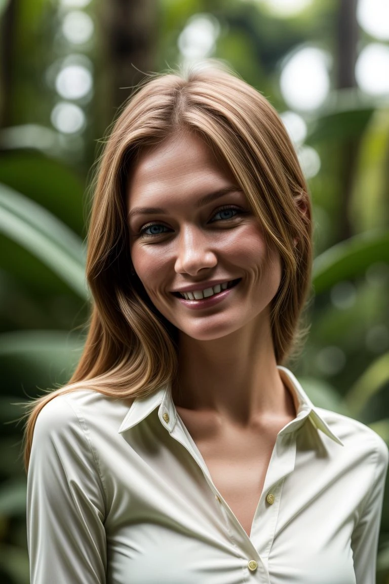 European woman, closeup, (shirt), pants, (Borneo Rainforest), (), smiling , ZM_elenae, wide shoulders, perfect face, (contact iris: 1.1), pale skin, skin pores , depth of field