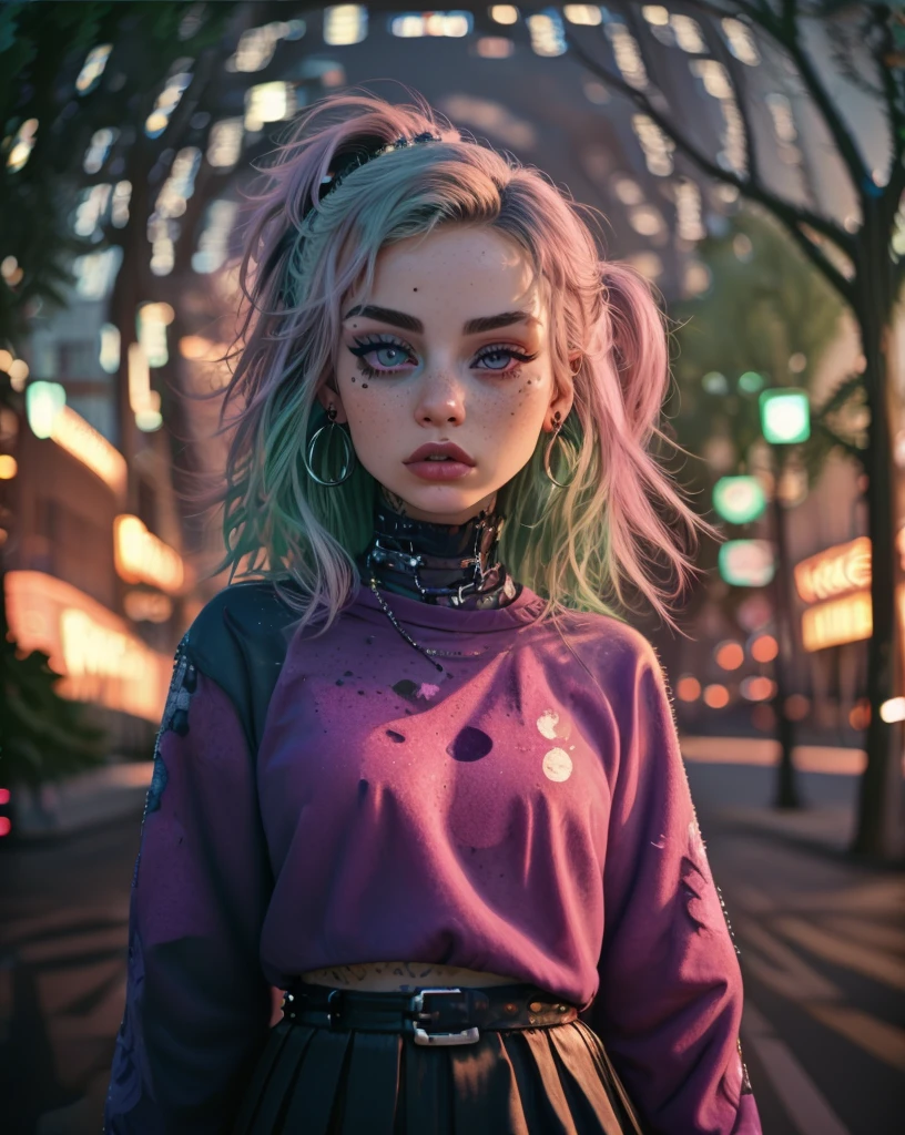 1girl, belt, chain-link fence, earrings, eyeshadow, graffiti, holding instrument, instrument, long hair, makeup, mole, piercing, pink hair, purple eyes, skirt, solo, staff \(music\), star \(symbol\), starry sky, tattoo, tree
<lora:Street_Art_Portrait:0.9>  (street_art_portrait:1.5)
 <lora:LCM_LoRA_Weights_SD15:1>