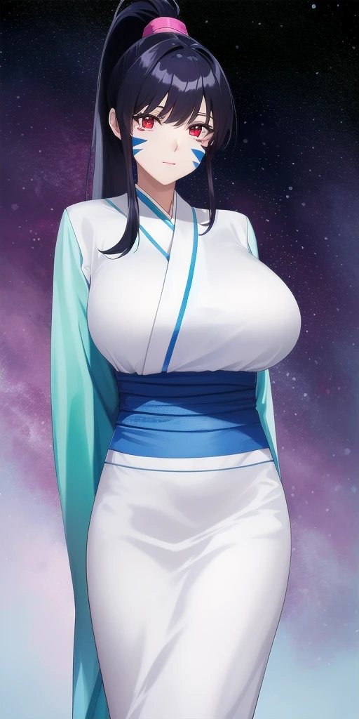 <lora:AchikaV7:0.7> masaki_achika_high_ponytail, huge_breasts, standing, solo, arms_behind_back, starry_sky, facial_mark_red_eyes_white_kimono_blue_trim_pink_back_bow_aqua_sash_wide_sleeves, masterpiece, best_quality, detailed_face, detailed_eyes, highres, beautiful, detailed, absurdres,