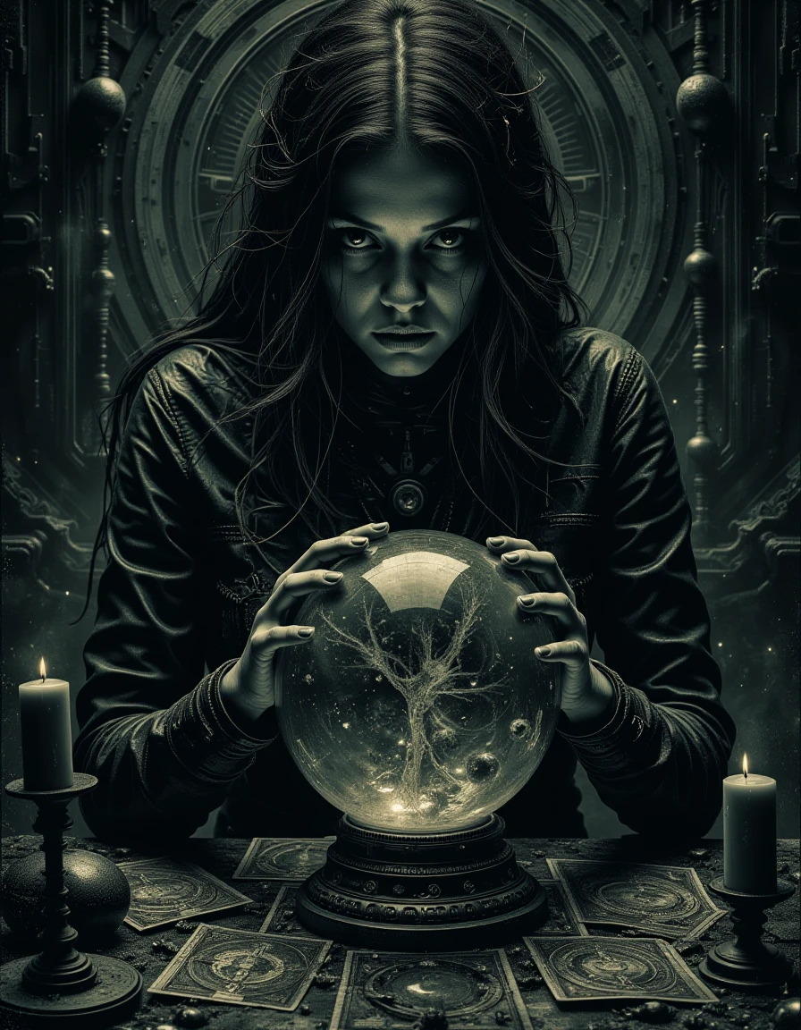 An enigmatic fortune teller in a dimly lit room, her hands hovering over a crystal ball. Her eyes are intense, peering into the swirling mists within the glass. The table in front of her is cluttered with tarot cards, candles, and strange artifacts, creating an atmosphere thick with mystery
 <lora:The_Dark_Side_Of_The_Future:0.7>