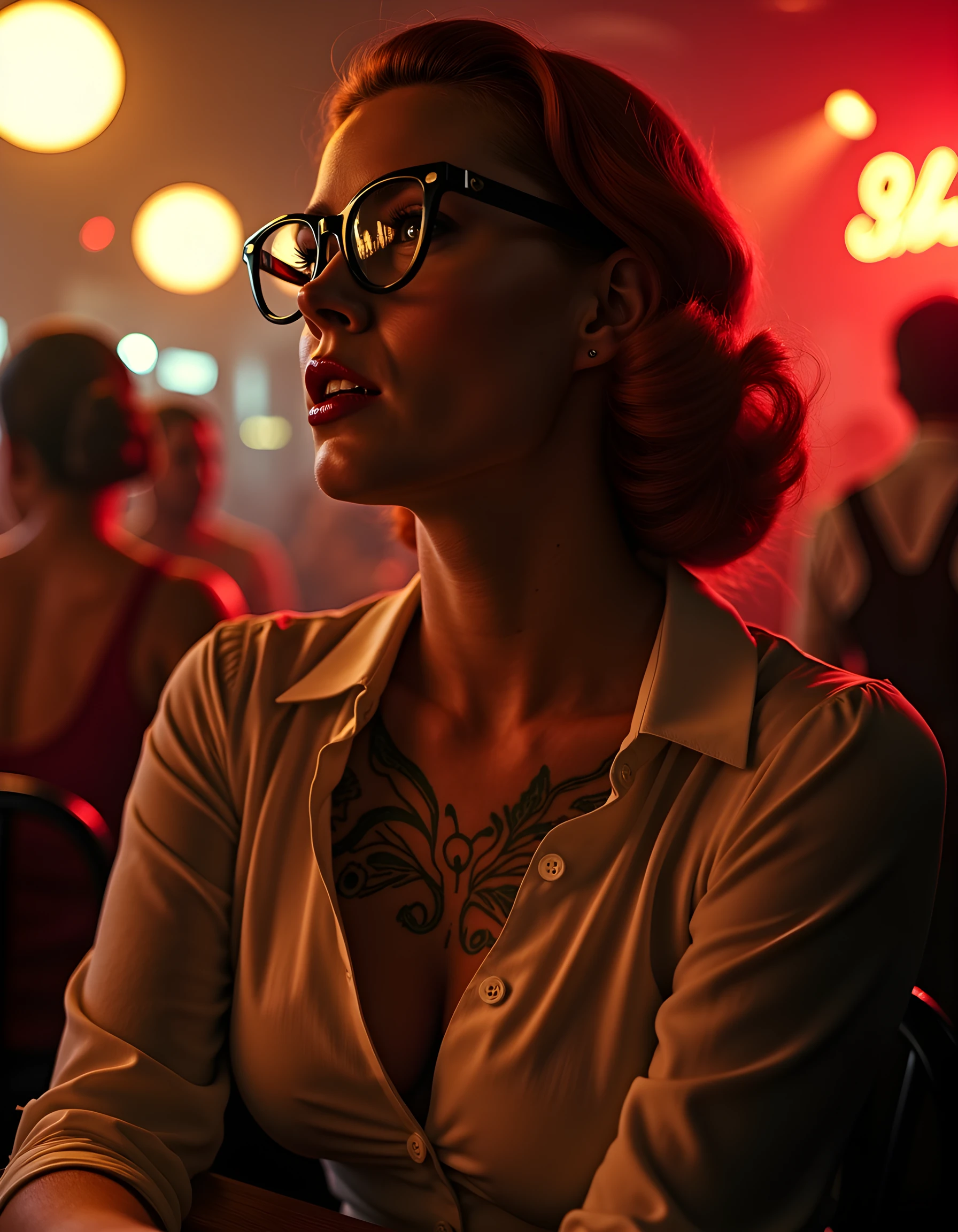 In a gritty, neo-noir setting of a dimly lit, smoky jazz bar in 1940s New York City, the camera captures Amy4D4MS from a low angle, her eyes hidden behind a pair of stylish cat-eye glasses. She is seated at a table, a collared shirt unbuttoned to reveal the intricate tattoos that adorn her chest. Her parted lips, glistening with a hint of red lipstick, are slightly pursed as if about to sing a sultry tune, her sharp teeth visible in the dim light. The background is filled with the soft, hazy glow of the stage lights and the silhouettes of other patrons, creating an atmosphere of intrigue and mystery. The image exudes a sense of power and allure, capturing Amy4D4MS as a confident, charismatic figure in a world where danger and passion intertwine.