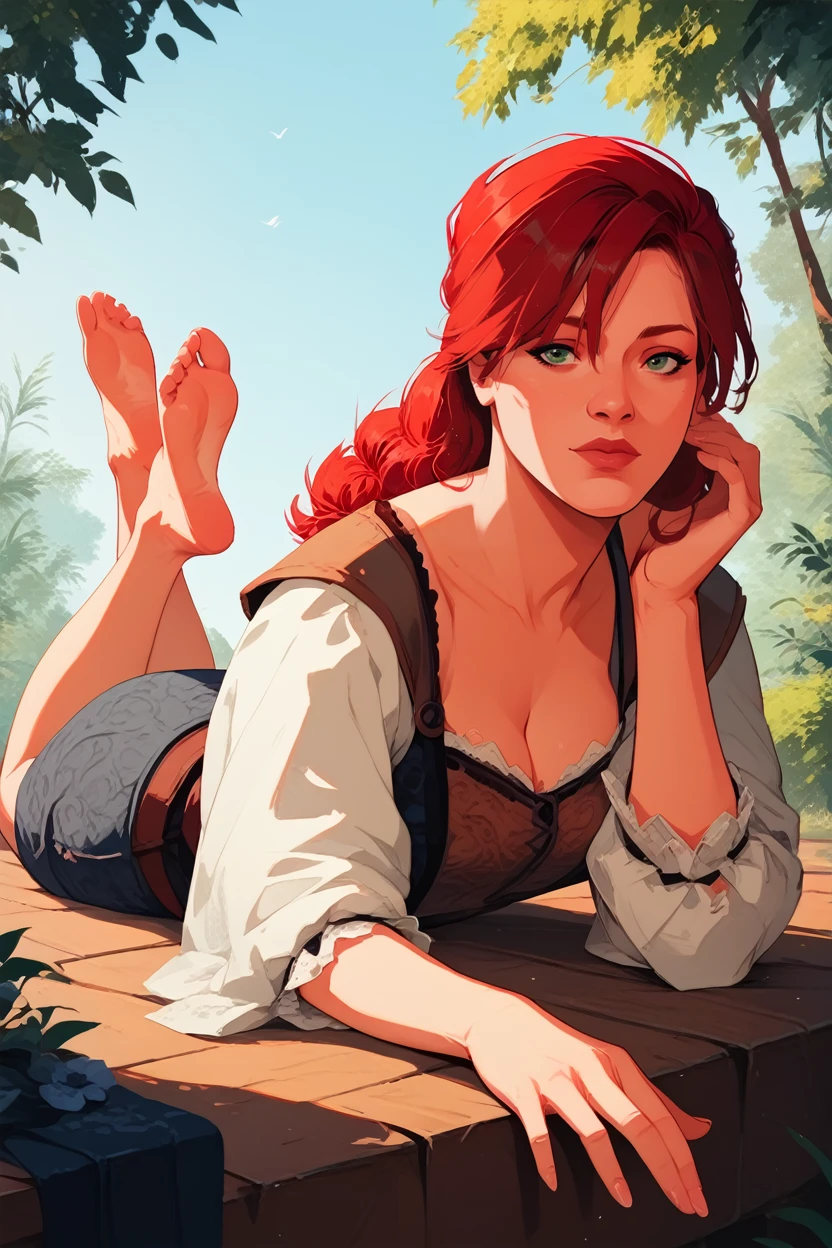 score_9, score_8_up, score_7_up, score_6_up
<lora:ACUElise:1.0>
ACUElise, 1girl, red hair, long hair, green eyes, looking at viewer, laying on stomach, facing viewer, feet in the air, barefoot, cleavage