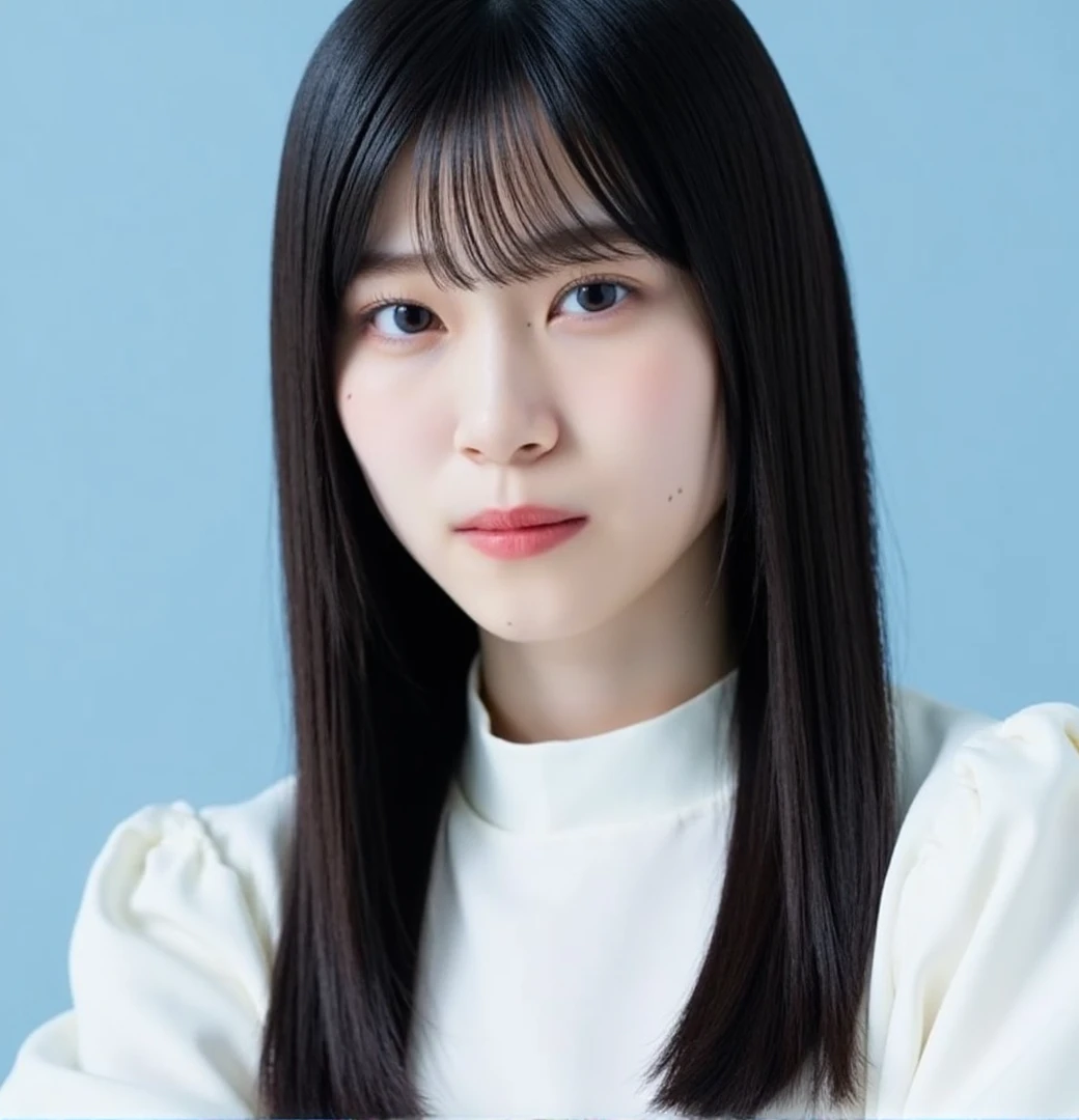 shizuki, The image is a close-up portrait of a young woman with long dark hair and bangs. She has a serious expression on her face and is looking directly at the camera. Her hair is styled in loose waves and falls over her shoulders. She is wearing a white blouse with a high neckline and long sleeves. Her makeup is minimal and natural-looking, with a hint of pink lipstick on her lips. The background is a light blue color, making the woman the focal point of the image.