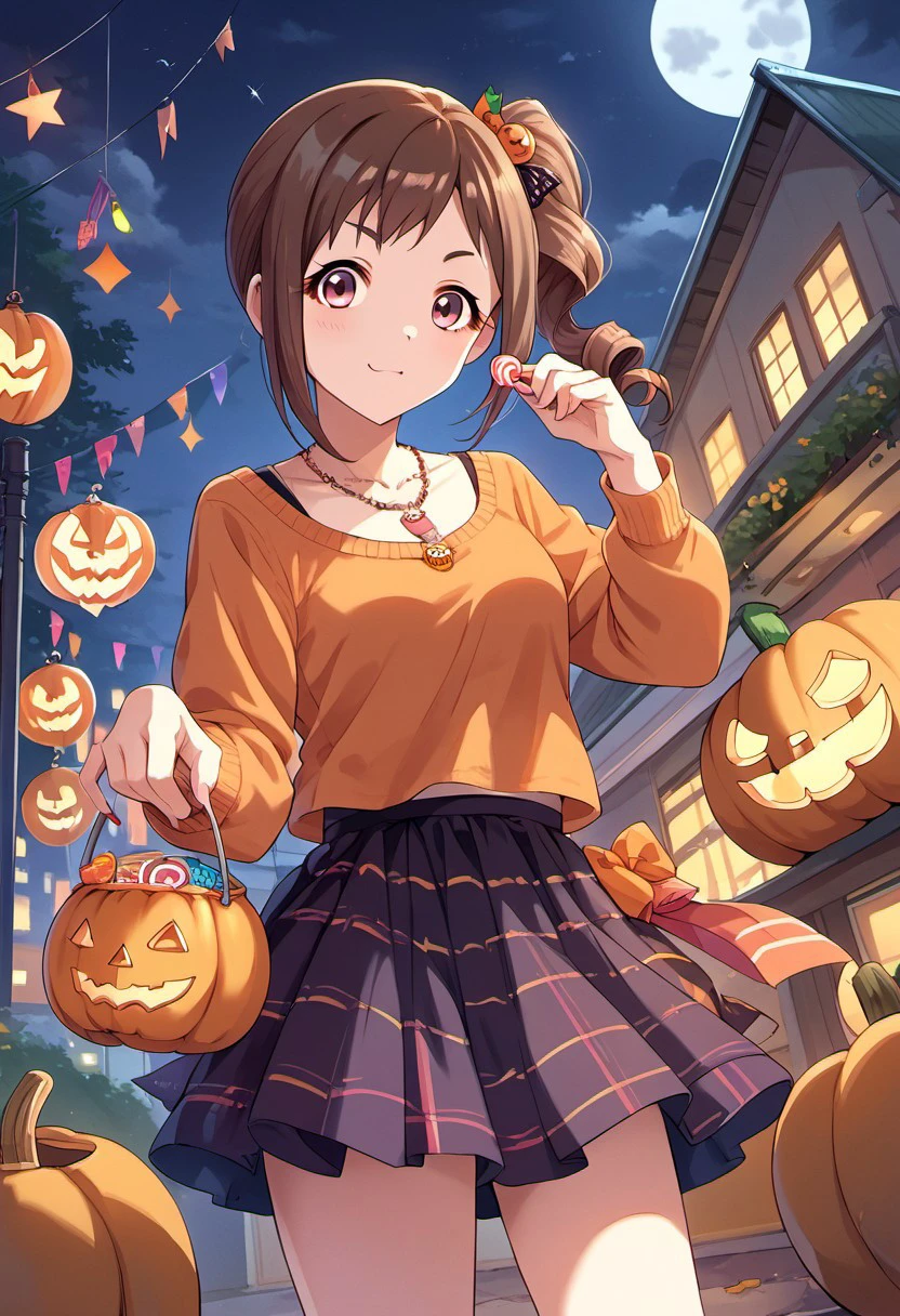 score_9, score_8_up, score_7_up, source_anime, oohara michiru, brown hair, drill hair, pink eyes, 1girl, jewelry, necklace, solo, halloween, candy, jack-o'-lantern, skirt, side ponytail, food