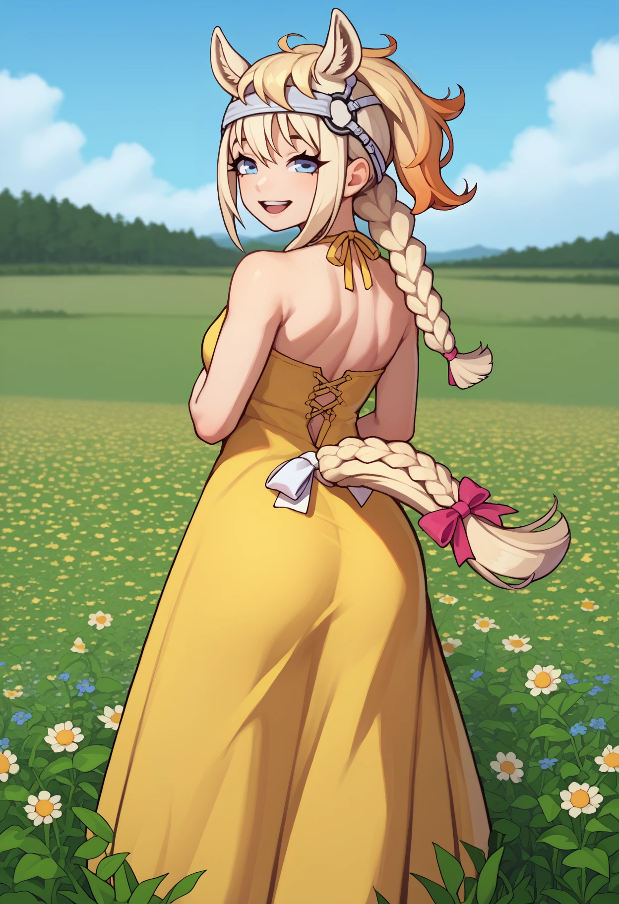 score_9, score_8_up, score_7_up, source_anime, <break> from behind, solo, 1girl, whtthrghbrd, horse tail, tail ornament, tail bow, smile, open mouth, looking back, twin braids, bridle, animal ears, extra ears, yellow sundress, bare shoulders, outdoors, flower field
<segment:yolo-face_yolov8m.pt,0.35,0.5//cid=1>