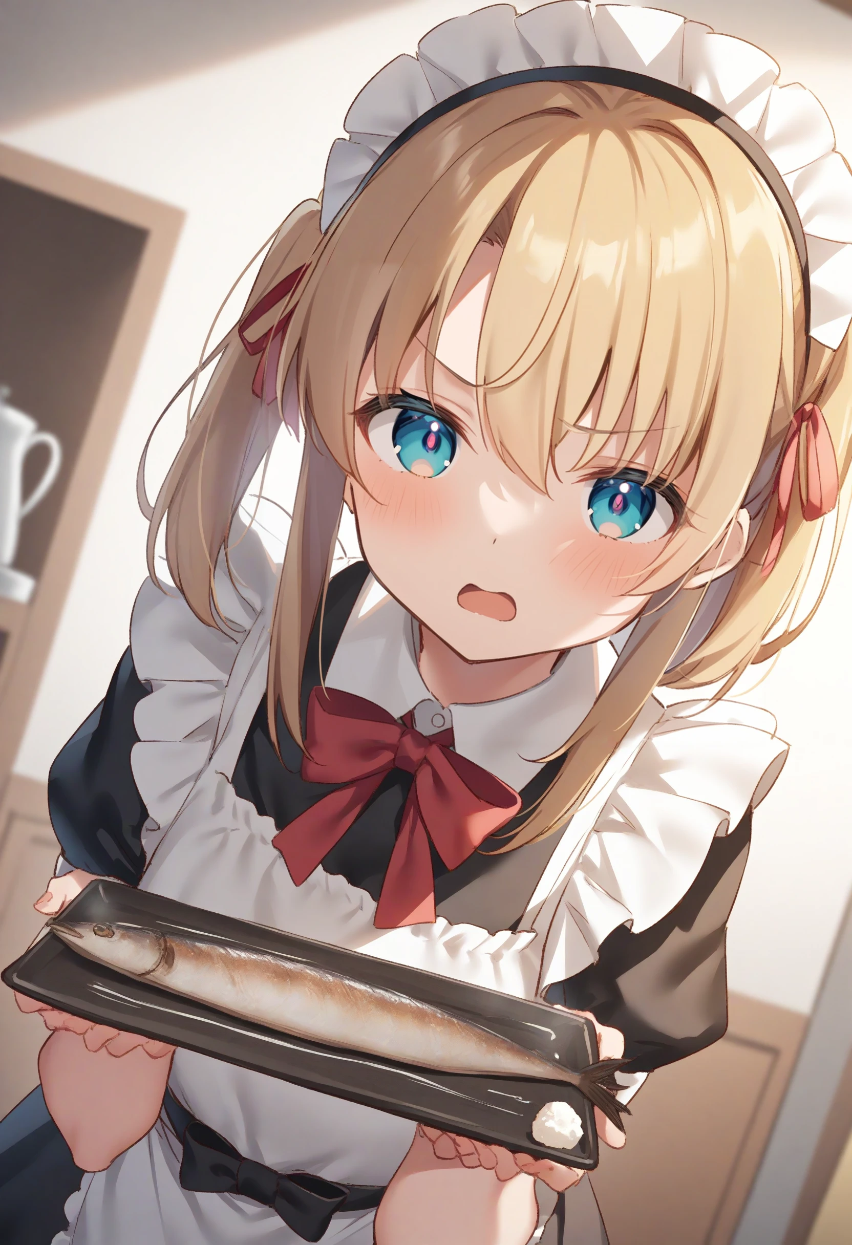 1girl,sincos, ningen mame, toosaka asagi,solo,medium breasts,20yo,maid,maid headdress,
saury, fish, apron, food, tray,holding tray,indoors, <lora:saury_XL_v1:0.8>
from below, portrait, looking ahead, blonde hair, red eyes,angry, open mouth, bob cut hair,,
best quality, very aesthetic, absurdres