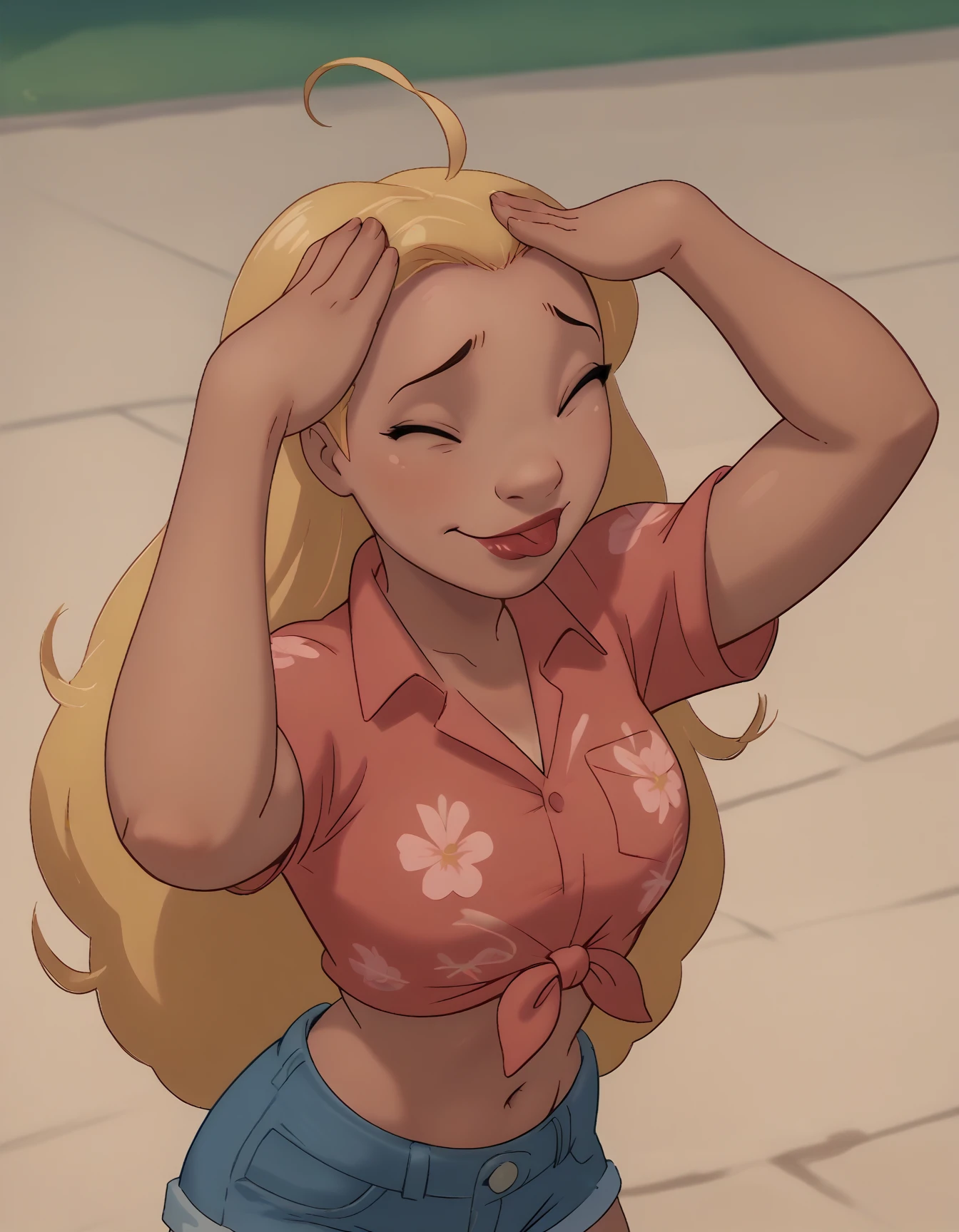 score_9, score_8_up, score_7_up, source_cartoon, upper body, 1girl, L1fegrd, dark skin, lips, red lips, long hair, blonde hair, ahoge, pink tied shirt, navel, denim shorts, AhEtoBlehMeme, closed eyes, tongue out, :p, hands on own head, smile
 h<lora:Lifeguard-05:.85>  <lora:AhEtoBlehMeme_pdxl_Incrs_v1:1>