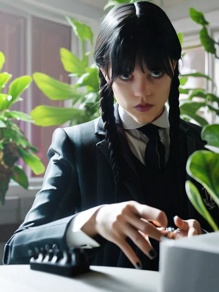 score_9, score_8_up, score_7_up, nevermor unifrom wednesday, wednesday addams, a woman with long hair wearing a black suit and tie, bangs, black hair, long sleeves, closed mouth, school uniform, white shirt, collared shirt, indoors, nail polish, black jacket, blurry background, plant, volumetric lighting  <lora:wednesday_pony_v1-0_mx:1>