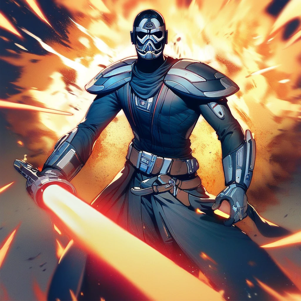 score_9, score_8_up, score_7_up, score_6_up, darthnox, star wars, energy sword, weapon, lightsaber, 1boy, sword, male focus, laser, solo, explosion, mask, science fiction, holding, belt, science fiction