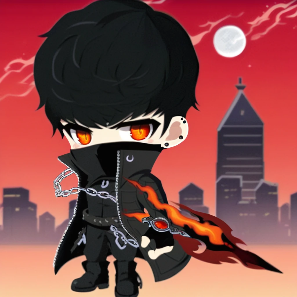 transparent background, full body, black gloves, jacket, upper body, 1boy, gloves, holding weapon, chibi, kain, portrait, hellfire eyes, city, short hair, open jacket, outdoors, bangs, night, earrings, blush, building, solo focus, chain, open clothes, red background, sky, man, male, boots, black shirt, mouth mask, blurry, fingerless gloves, black boots, moon, hat, orange eyes, blood red eyes, looking at viewer, red eyes, piercing