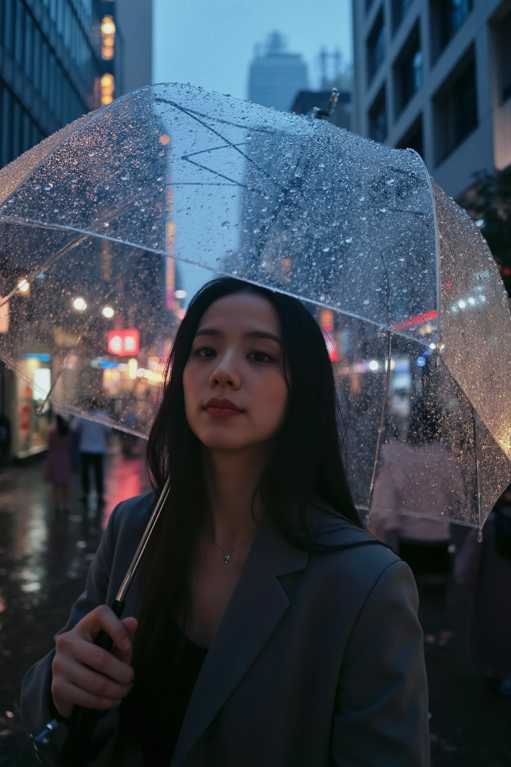 Instagram photo of a young woman J1500 standing outdoors in what appears to be a bustling urban area. She is holding a transparent umbrella, which catches the light from the surrounding cityscape. The background features tall buildings, bright city lights, and busy streets, creating a lively and dynamic atmosphere. The woman’s expression is calm as she stands amidst the urban setting, with raindrops visible on the umbrella. The overall scene has a modern, cinematic fee.