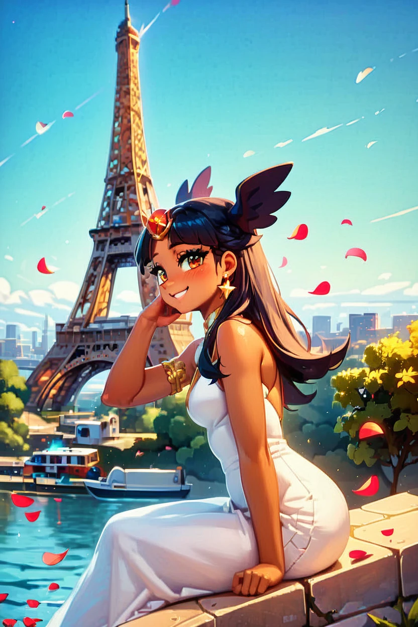 score_9, score_8_up, score_8, medium breasts, (curvy), cute, eyelashes,       BREAK, , zzToto, dark skin, 1girl, blush, black hair, jewelry, sky, day,  bandages, white dress, sleeveless dress,    <lora:Toto_Takatsu_PDXL:0.8>, , BREAK,  zzEiffelTower in background, sitting, watercraft, boat, sitting on wall, side view, looking at viewer, smile,  BREAK, blooming stars, luminescent petals, otherworldly fragrance blurry background, embedding:zPDXL, Expressiveh, <lora:EiffelTowerPDXL:0.8>,  <lora:CatalystStylePDXL:0.6>,  <lora:SDXLFaeTastic2400:0.5>,  <lora:Expressive_H-000001:0.4>,