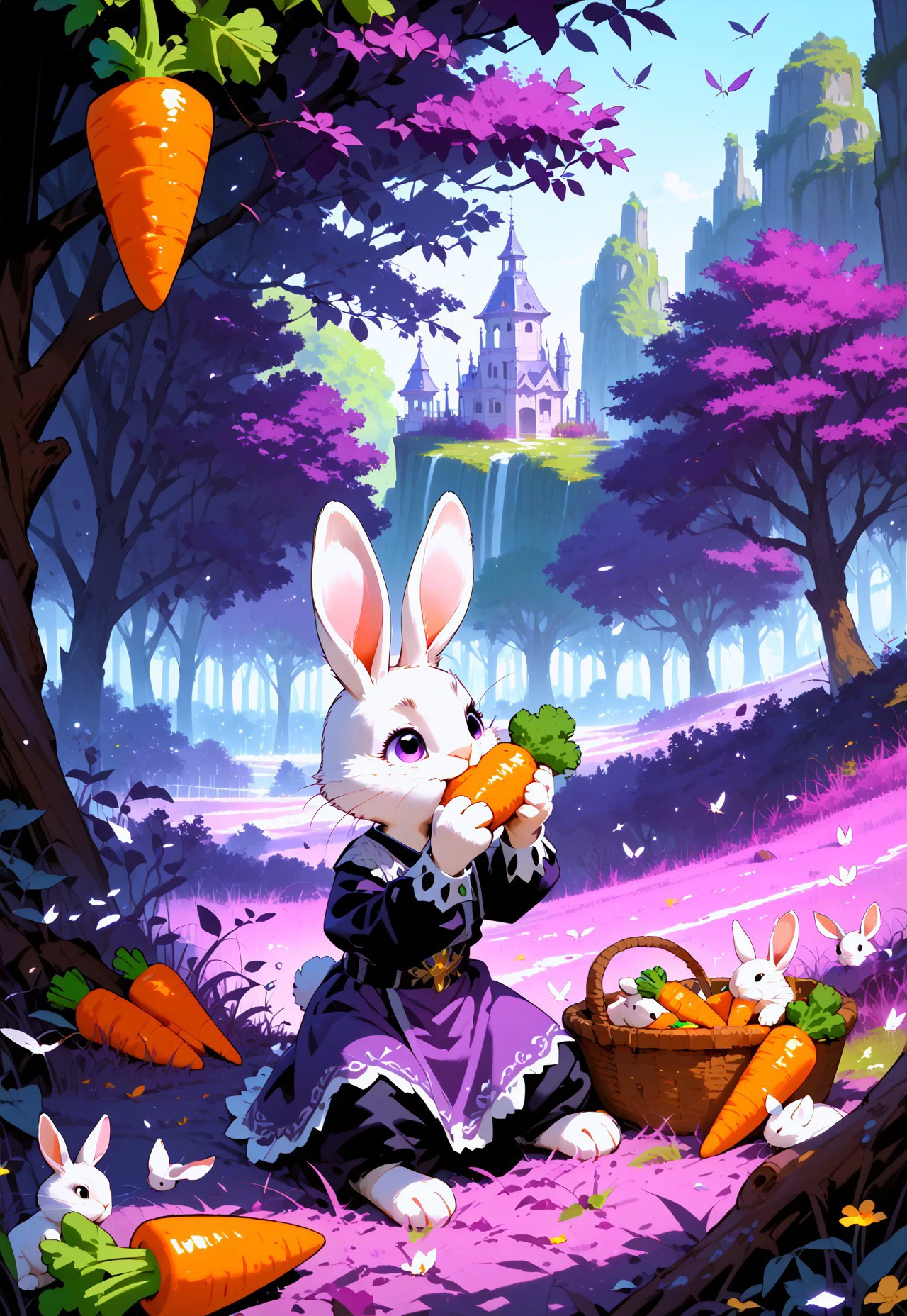 dsk_fantastical_art, a rabbit eating a carrot, outdoors, fantasy background, purple trees, purple grass,, BREAK PonyXLV6_Scores