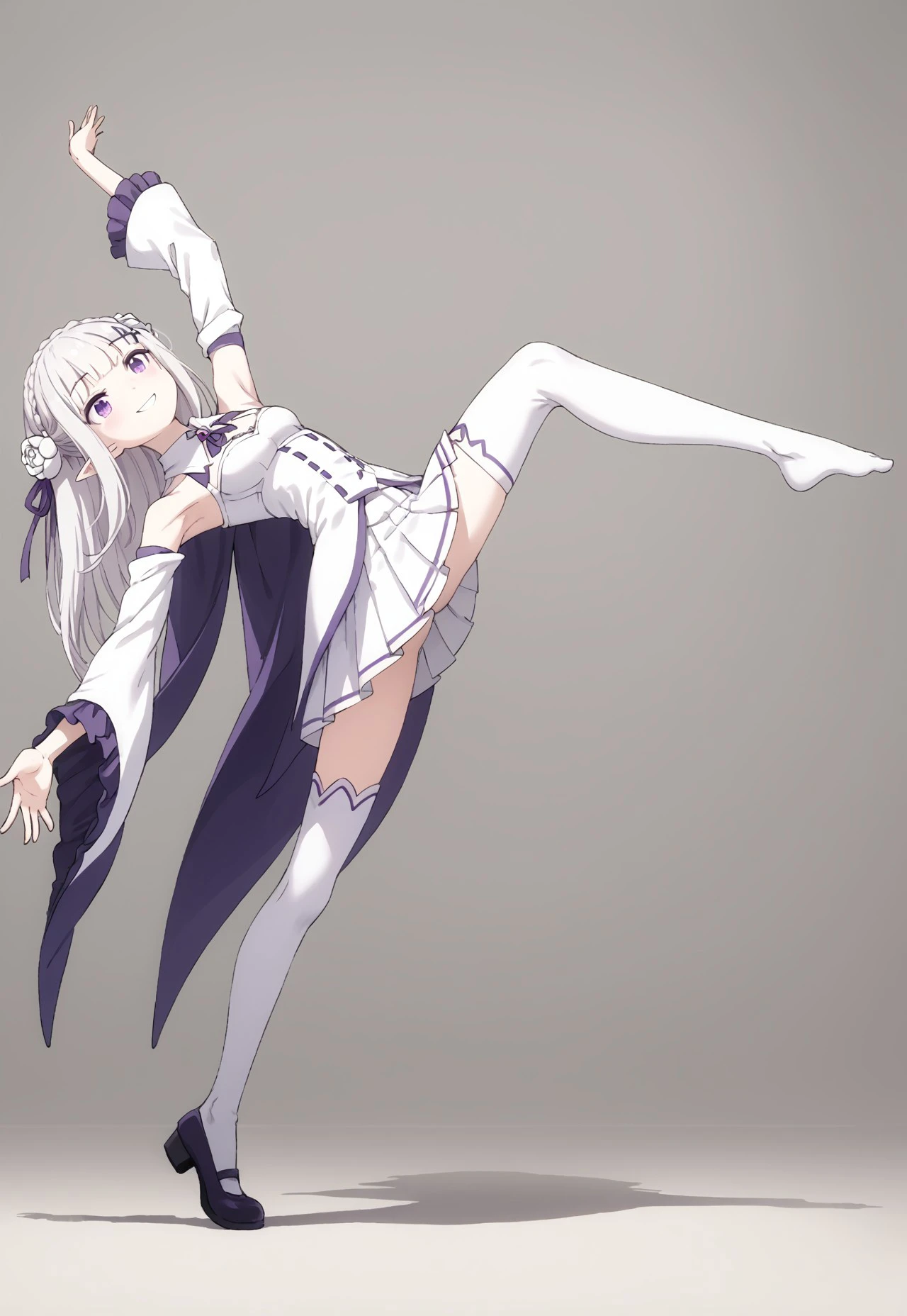
score_9, score_8_up, score_7_up, ((( )))
,
((( 1girl, solo, Pa006, dancing, standing on one leg, outstretched arms, smile)))
,
(( Full body side view))
,
((( Petite )))
,
((( )))
,
((<lora:rezero-emilia-s3-leak-ponyxl-lora-nochekaiser:1>, emilia, braid, crown braid, flower, hair flower, hair ornament, hair ribbon, long hair, pointy ears, purple eyes, white hair, x hair ornament,detached collar, detached sleeves, frilled sleeves, frills, long sleeves, miniskirt, pleated skirt, ribbon, skirt, thighhighs, white skirt, white sleeves, white thighhighs, wide sleeves, zettai ryouiki,))
,
(( Empty white room ))
,
(((  )))
,
((((  ))) 
