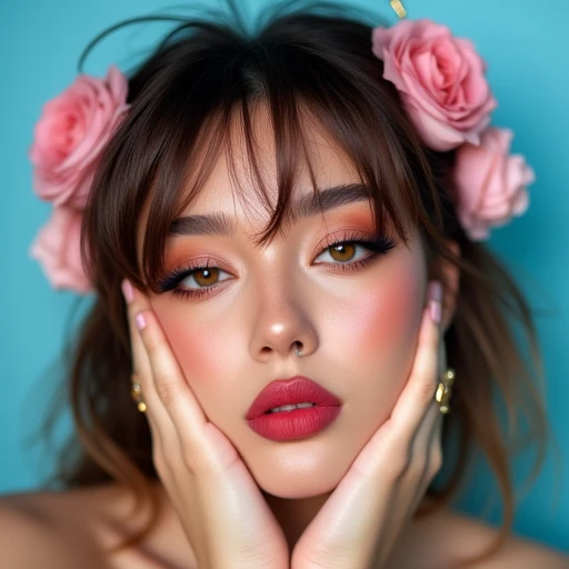 brown hair, parted lips, piercing, pink rose, lips, blue background, hair ornament, hands on own face, lipstick, brown eyes