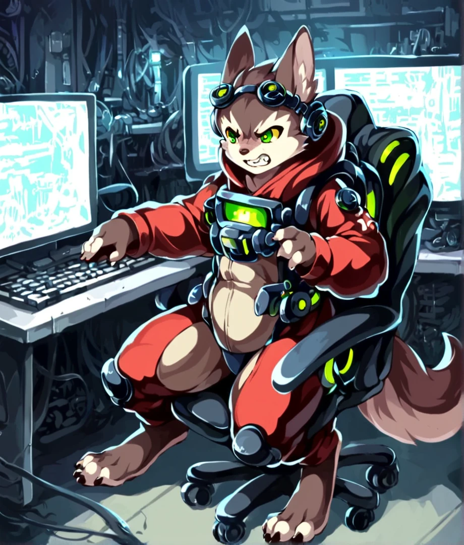 <lora:inori-meme-pony_last:1.5>, score_9 , score_8_up, score_7_up, portrait , source_cartoon, cel_shaded, 2d,
BREAK
solo, tosca sitting in a chair slamming at keyboard, laboratory background, broken monitors,short,  animal ears, googles ,  tail, yellow sclera, digitigrade legs, green eyes, wearing tech backpack, multi ears,   <lora:Tosca_-_Crucible:0.8>