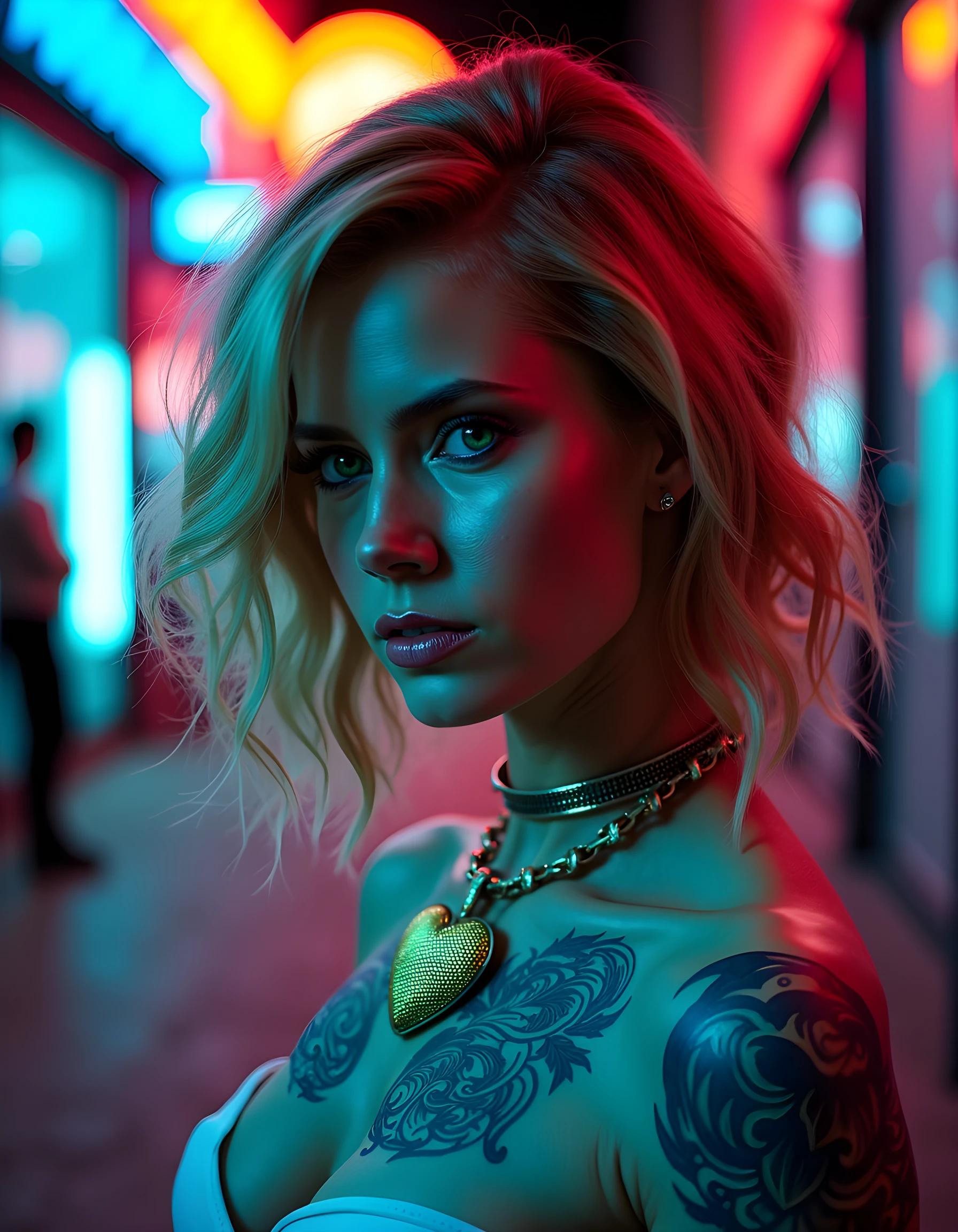 In a grungy, neon-lit alleyway of the futuristic cityscape, Amy4D4MS, a woman with a striking contrast between her short, metallic silver blonde hair and long, wavy brown locks cascading down her back, poses confidently in an avant-garde ensemble. Her upper body is adorned with intricate, glowing cybernetic tattoos that pulsate rhythmically against the dim background. A delicate, glittering choker encircles her neck, while a large, shimmering brooch shaped like a stylized robot heart rests on her chest. The camera captures this close-up portrait from a low angle, emphasizing her piercing green eyes that reflect the pulsating neon lights of the cityscape. Her lips are painted a bold, electric blue, and she gazes fiercely into the distance, embodying a powerful, defiant spirit amidst the chaos and grit of this futuristic urban jungle.