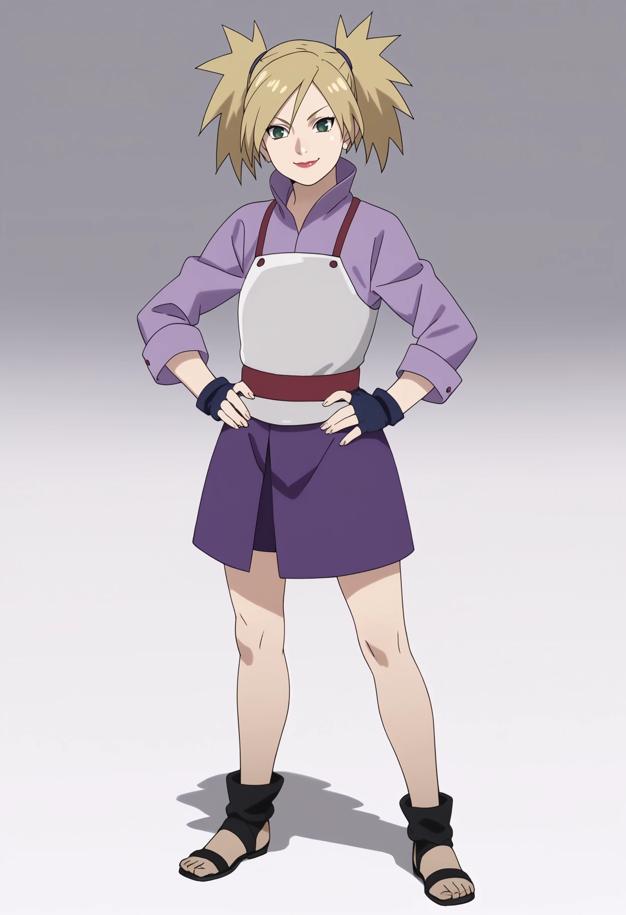 score_9, score_8_up, score_7_up, anime screencap BREAK,
1girl, temanara, blonde hair, twintails, green eyes, lipstick,
purple shirt, breastplate, purple skirt, fingerless gloves, toeless shoes,
hands on hips, smile, standing, full body, looking at viewer, solo, simple background, white background  <lora:TemariTheLastXL_byKonan:1>