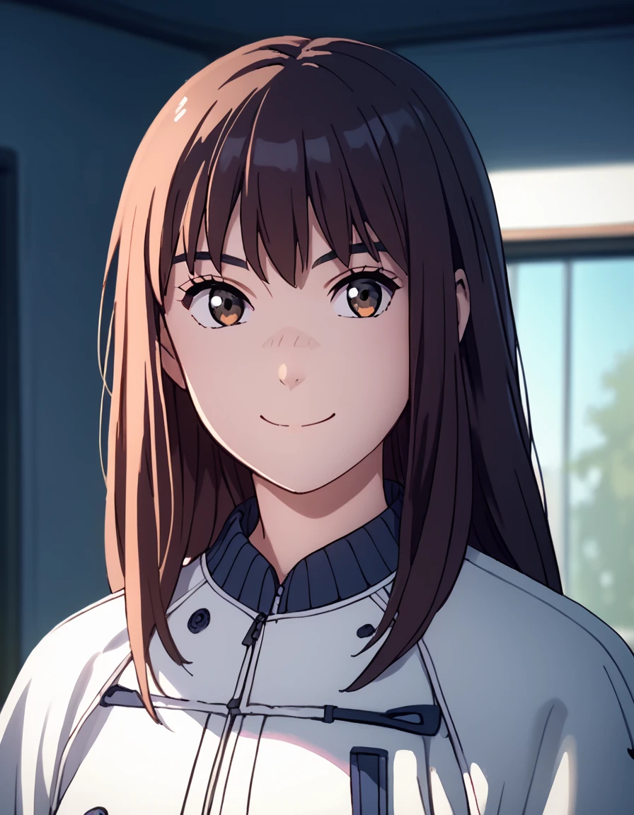 Kiruko, long hair, brown hair, brown eyes, jacket, sidelocks, score_9, score_8_up, score_7_up, score_6_up, score_5_up, score_4_up, source_anime   <lora:HeavenlyDelusion:1>, soft smile, portrait,