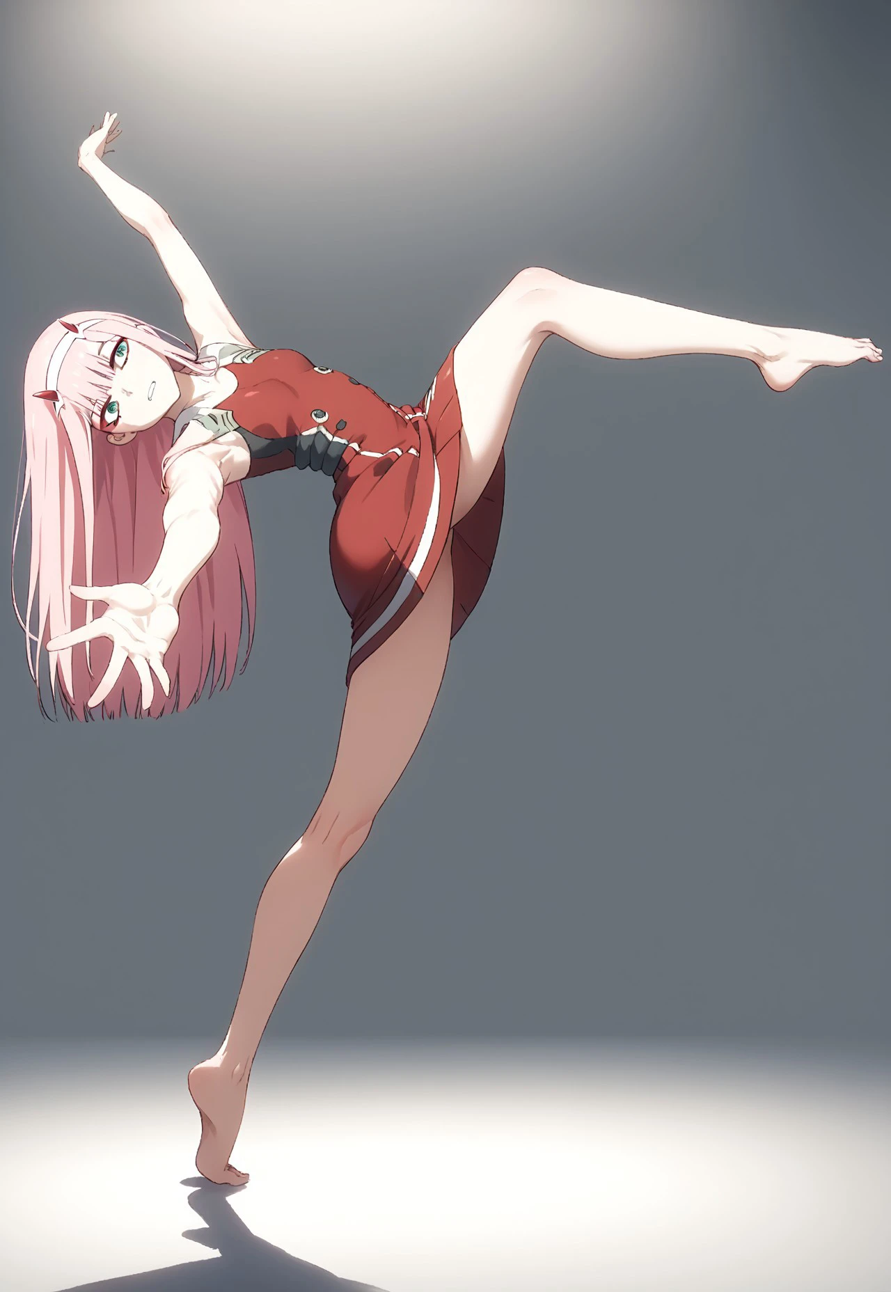 
score_9, score_8_up, score_7_up, ((( )))
,
((( 1girl, solo, Pa006, dancing, standing on one leg, outstretched arms)))
,
(( Full body view))
,
((( Petite )))
,
((( )))
,
((<lora:zero-two-s1-ponyxl-lora-nochekaiser:1>, zero two, zero two \(darling in the franxx\), green eyes, hairband, horns, long hair, pink hair, red horns, white hairband, dancing dress))
,
(( Empty white room ))
,
(((  )))
,
((((  ))) 