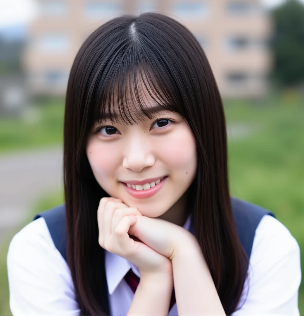 shizuki, The image is a portrait of a young Asian woman with long dark hair and bangs. She is wearing a white collared shirt and a maroon tie. She has a slight smile on her face and is resting her chin on her hand. The background is blurred, but it appears to be an outdoor setting with a building visible in the distance. The overall mood of the image is happy and relaxed.