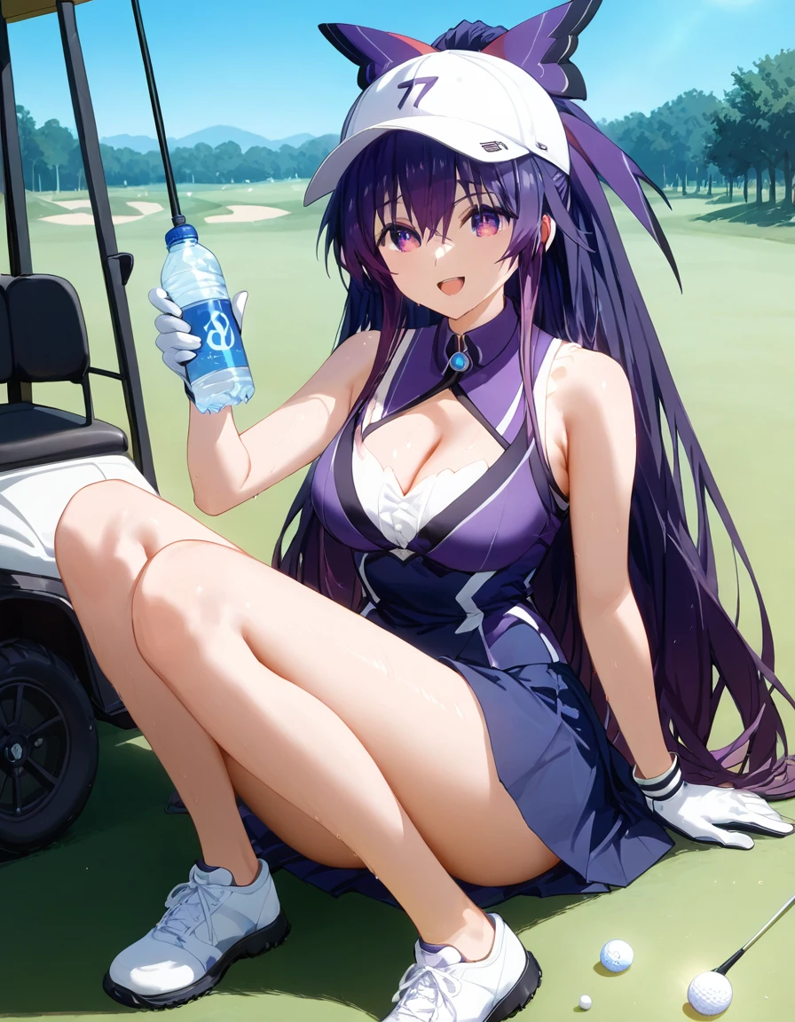 Tohka, 1girl, long hair, breasts, looking at viewer, blush, open mouth, bangs, large breasts, cap, golf clothing, gloves, purple eyes, golf, playing golf, sitting, water in hand, 