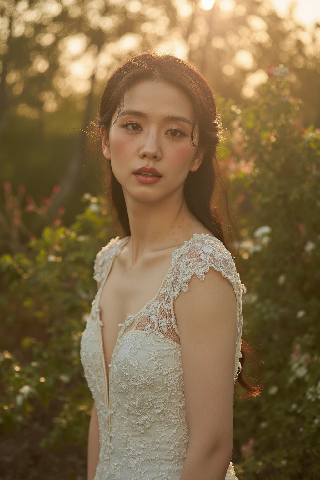 Instagram photo of a young woman J1500 wearing a wedding dress, captured in a serene garden setting during golden hour. The environment is filled with blooming flowers and soft, diffused light filtering through the trees. The mood is romantic and dreamy, evoking a sense of love and anticipation. The camera settings are set on a Canon EOS R5 with a 50mm f/1.2 lens, using Fujifilm Pro 400H film for its soft pastel tones and fine detail. The composition focuses on the intricate lace details of the dress against the natural backdrop, creating a timeless and ethereal aesthetic. The photo embodies a collaboration between directors Sofia Coppola and Guillermo del Toro, cinematographer Emmanuel Lubezki, photographer Tim Walker, and fashion designer Vera Wang.