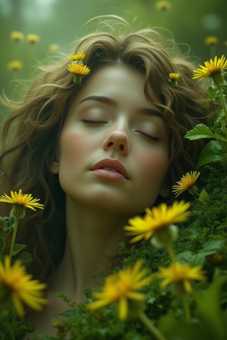 Midjourney Style, Cinematic Style, High Quality, Realism, Chiaroscuro, Still Film, Realism, Close-up
"A serene portrait of a beautiful woman with her eyes closed, her face calm and peaceful. Her hair flows gently in the air, blending seamlessly with lush greenery and vibrant yellow flowers. The flowers, resembling dandelions, are scattered throughout her hair, creating a surreal, dreamlike atmosphere. The colors are soft and ethereal, with shades of green and yellow blending into a misty background. The overall mood is one of harmony with nature, tranquility, and beauty, as if the woman is a spirit of the forest, embodying the essence of life and growth."